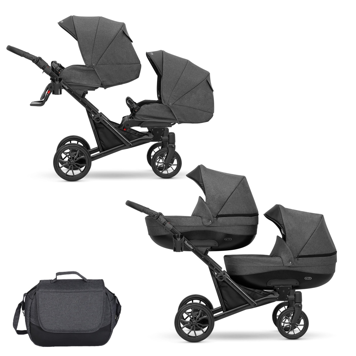 Ein dunkelgrauer Kinderwagen für zwei Kinder mit separaten Sitzen und einer Wickeltasche.