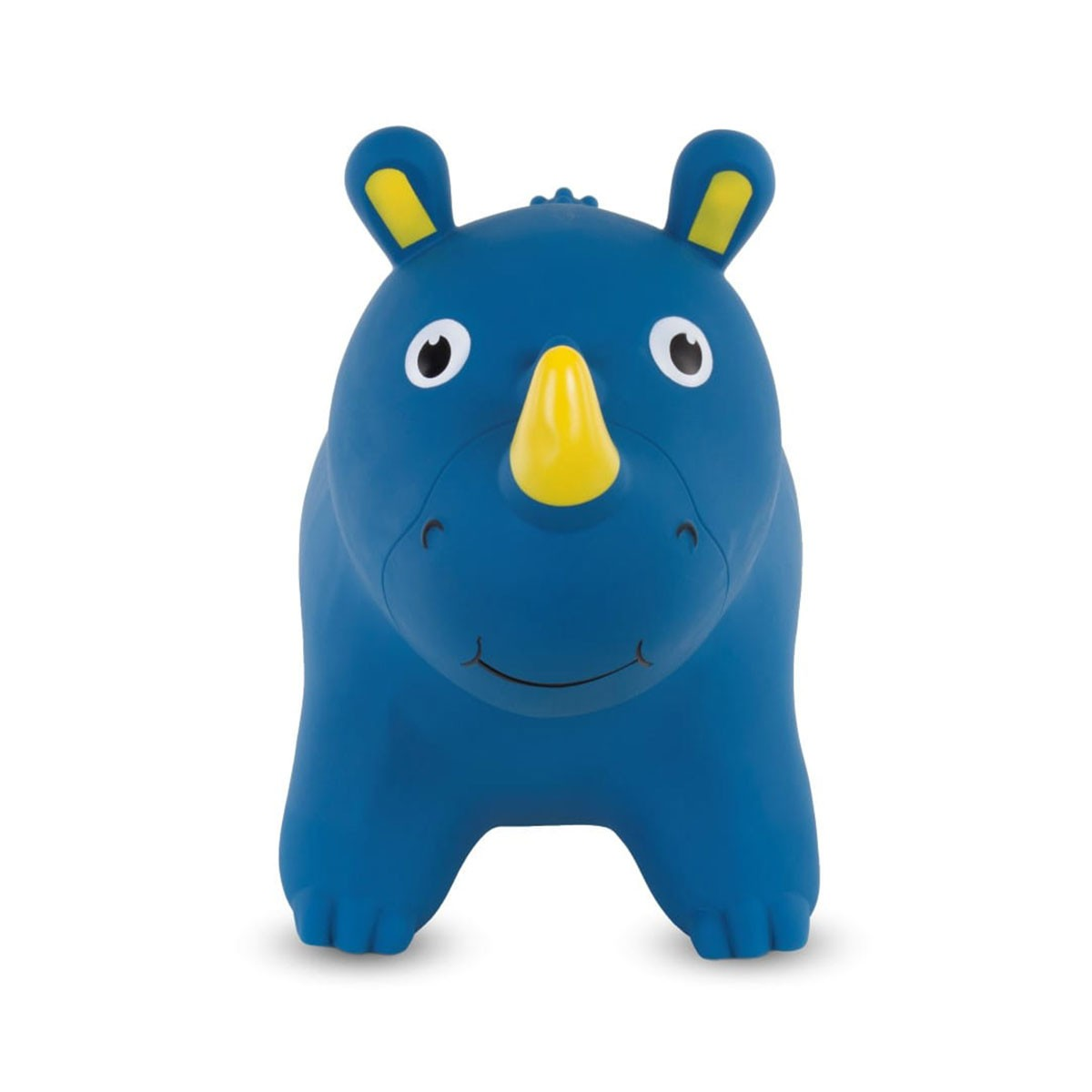 Un giocattolo gonfiabile blu a forma di rinoceronte con orecchie e corno gialli, su sfondo bianco.