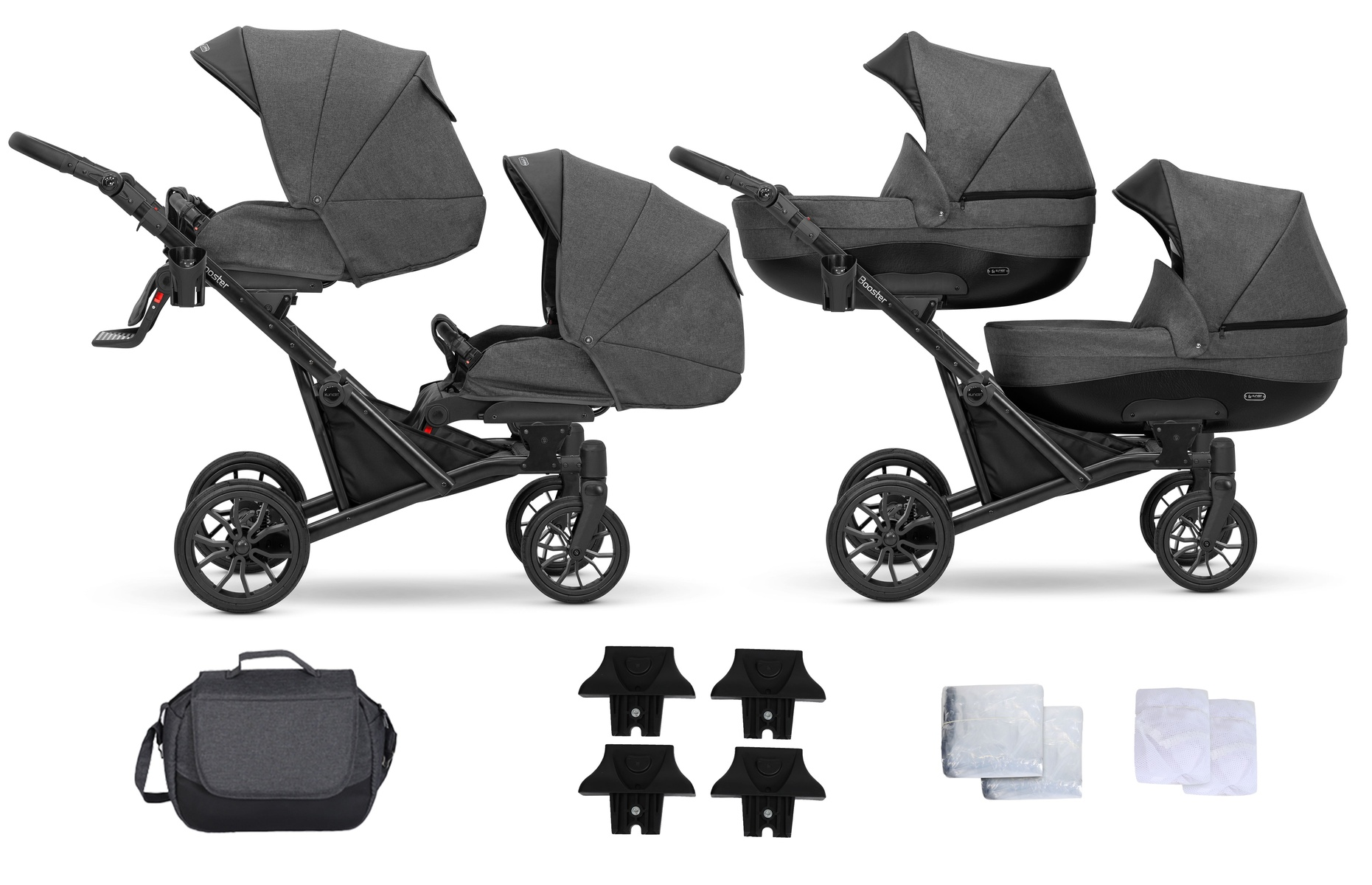 Zwei dunkelgraue Zwillingskinderwagen mit Zubehör: Tasche, Adapter und Abdeckungen.