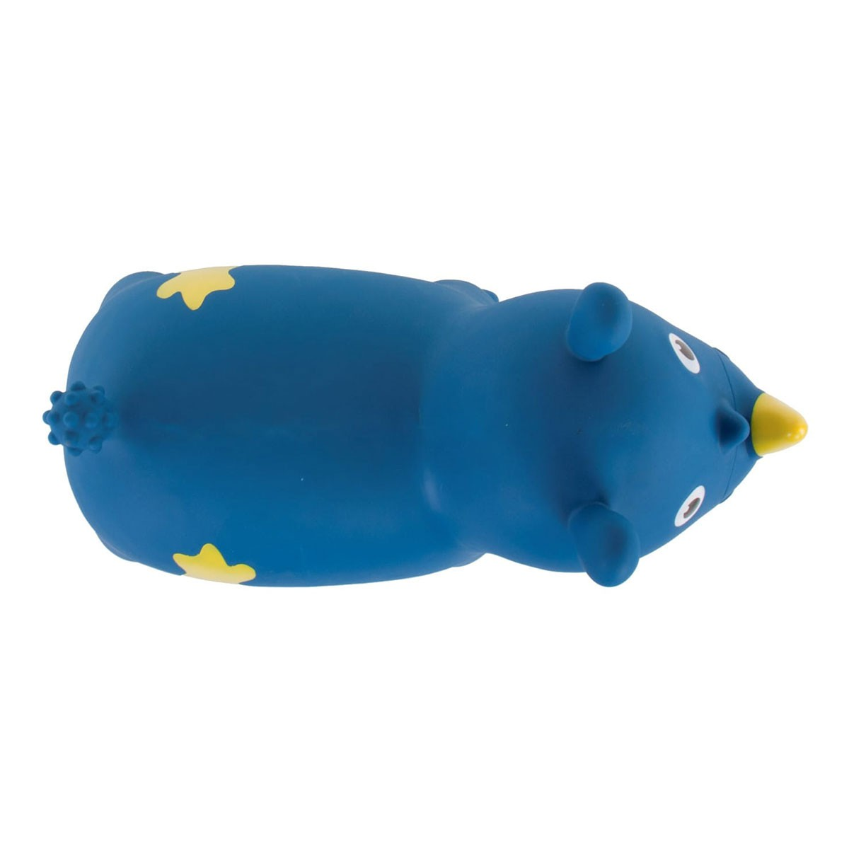 Un giocattolo di gomma blu con stelle gialle e becco giallo su sfondo bianco.