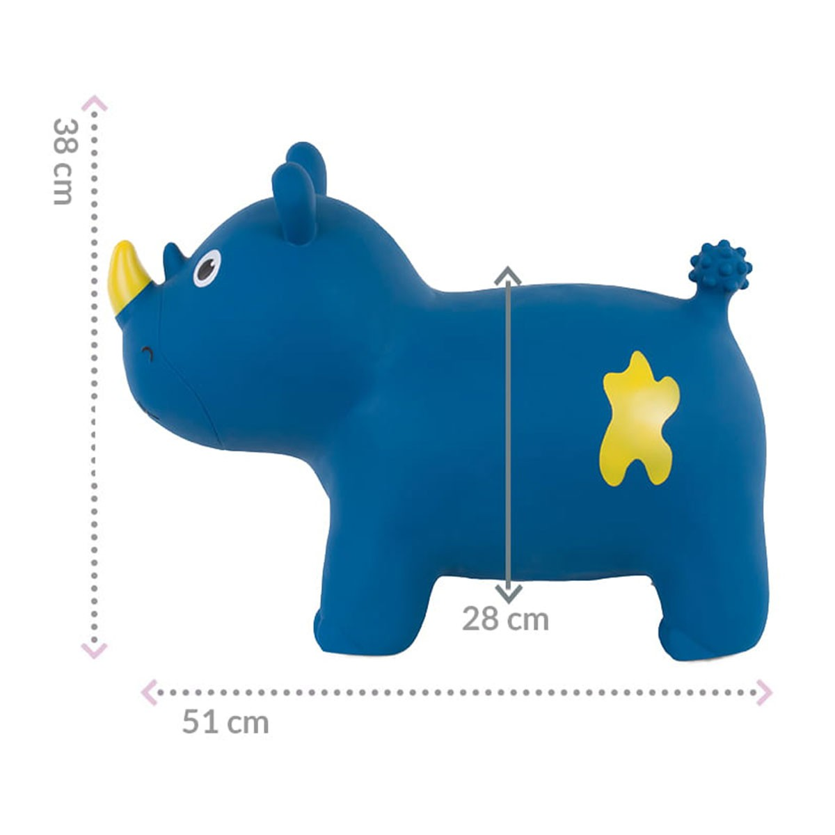 Gioco rinoceronte gonfiabile blu con corno e stella gialli. Dimensioni indicate.