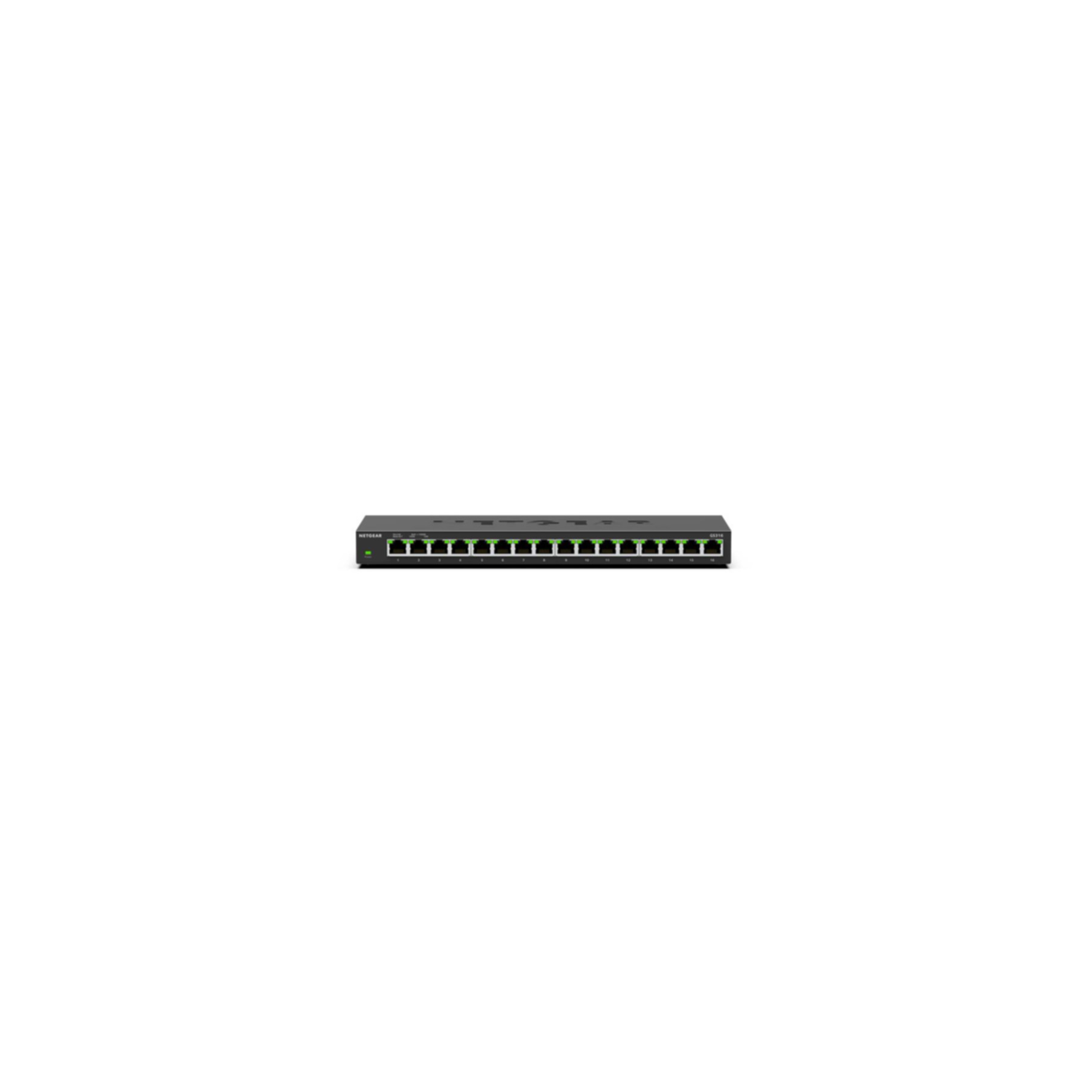 Uno switch di rete nero a 16 porte con porte e LED verdi.