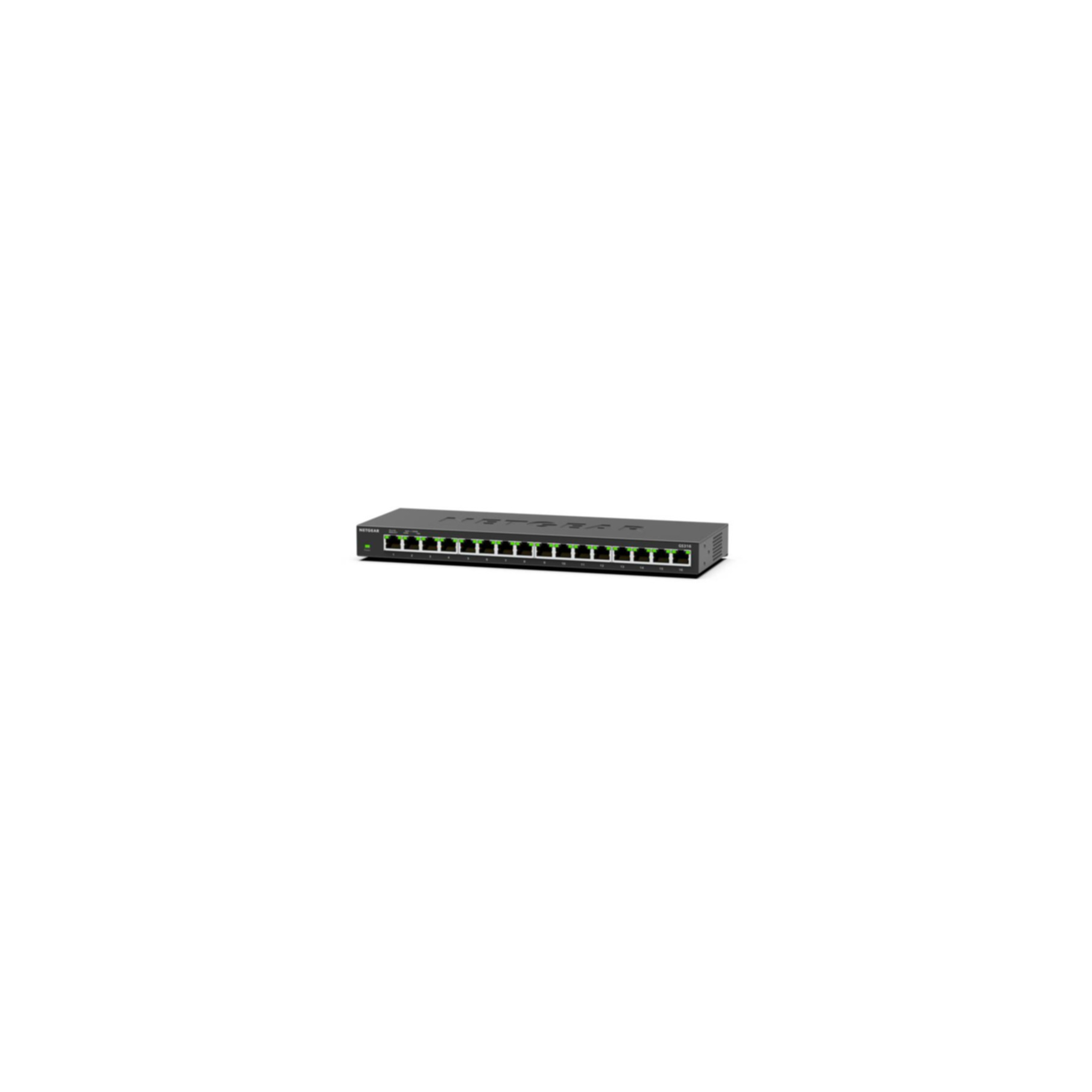 Uno switch Ethernet Gigabit Netgear nero non gestito a 16 porte con luci verdi.