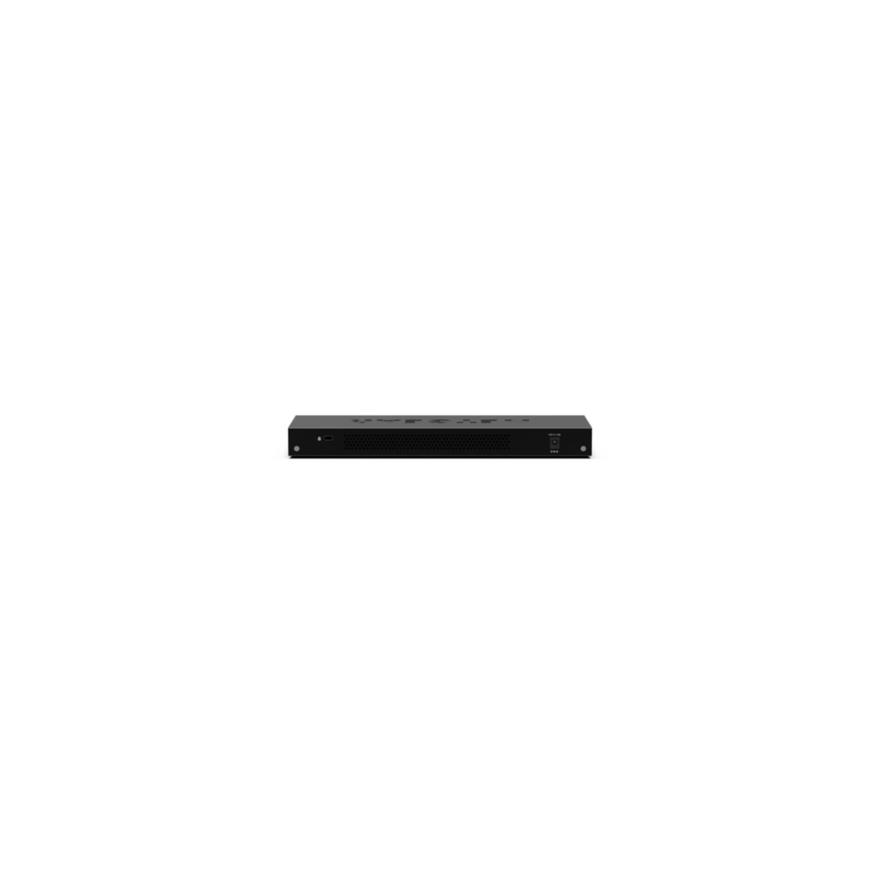 Uno switch di rete nero con spie luminose e pulsanti sul pannello frontale.