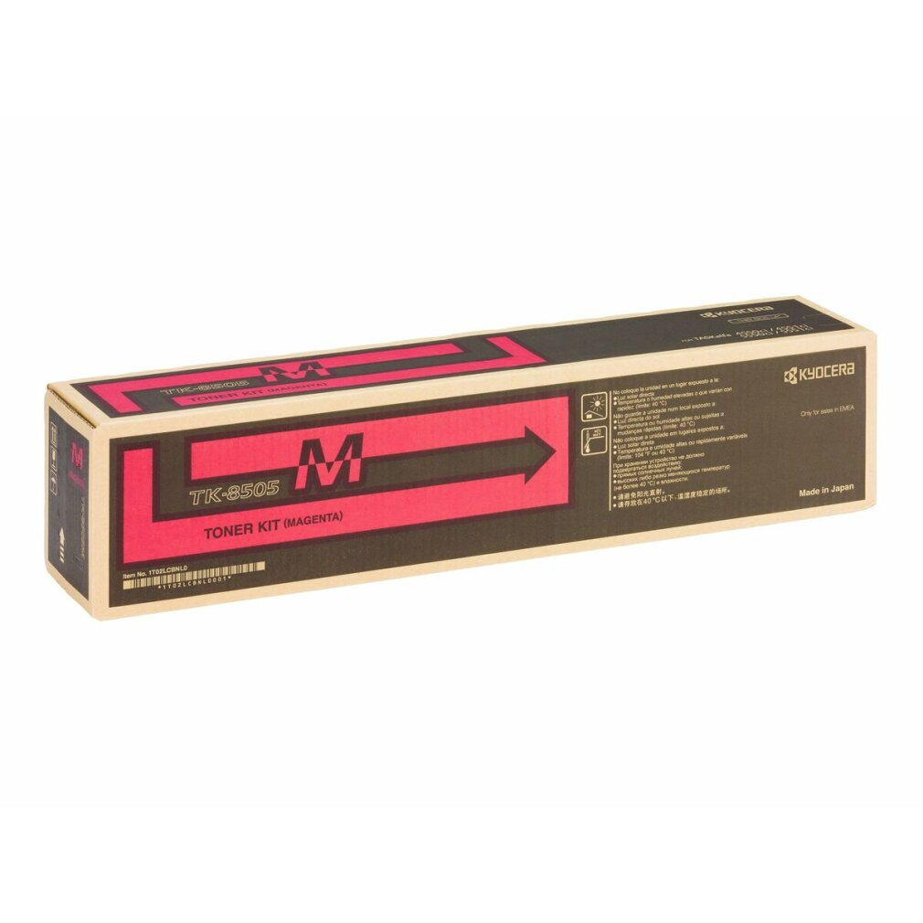 Een magenta Kyocera toner kit doos met het label TK-8505, met instructies en 'Made in Japan'.