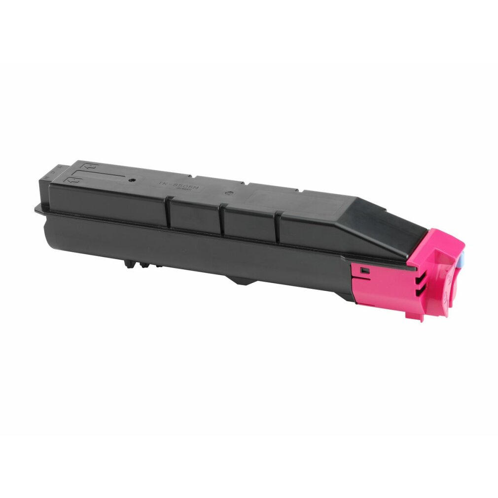 Een zwarte tonercartridge met roze uiteinde wordt getoond tegen een witte achtergrond.