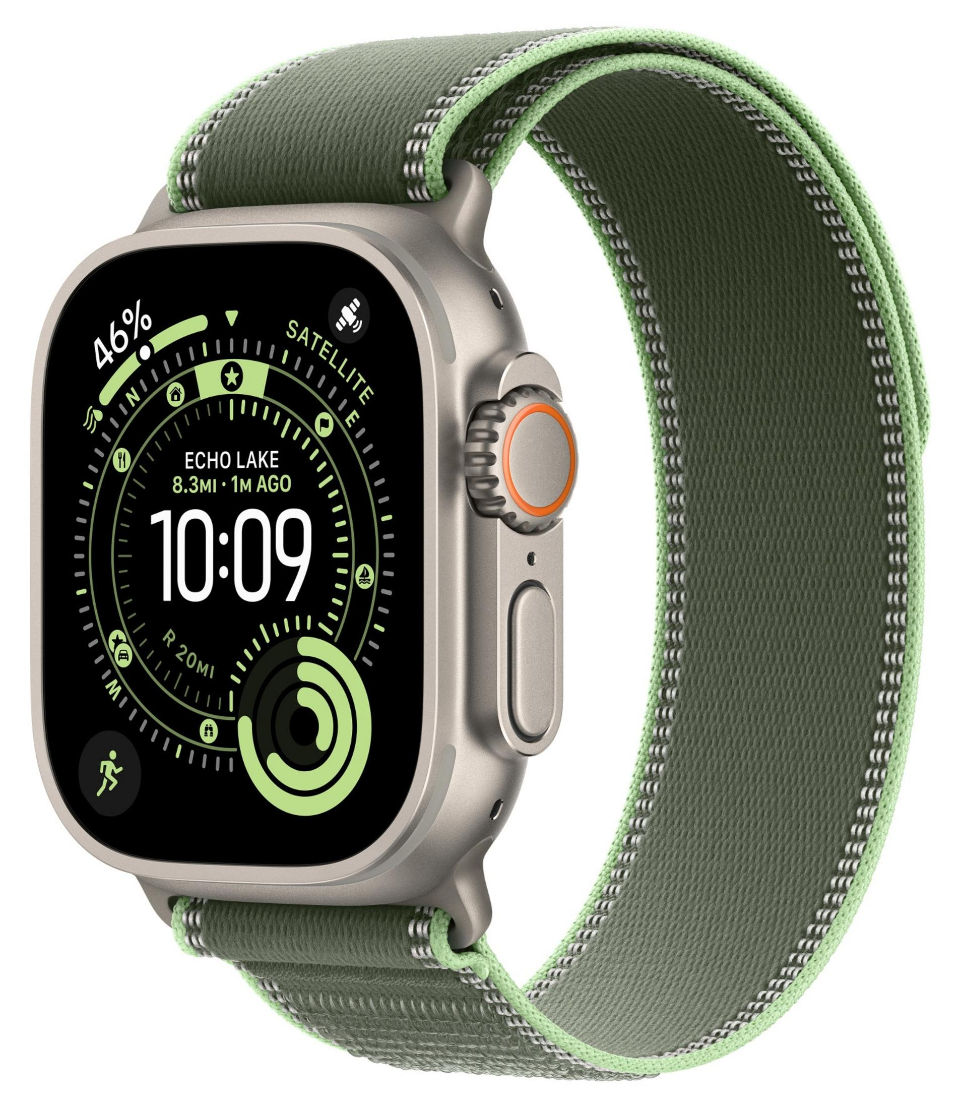 Uno smartwatch argentato con cinturino verde mostra le 10:09, batteria 46% e posizione Echo Lake.