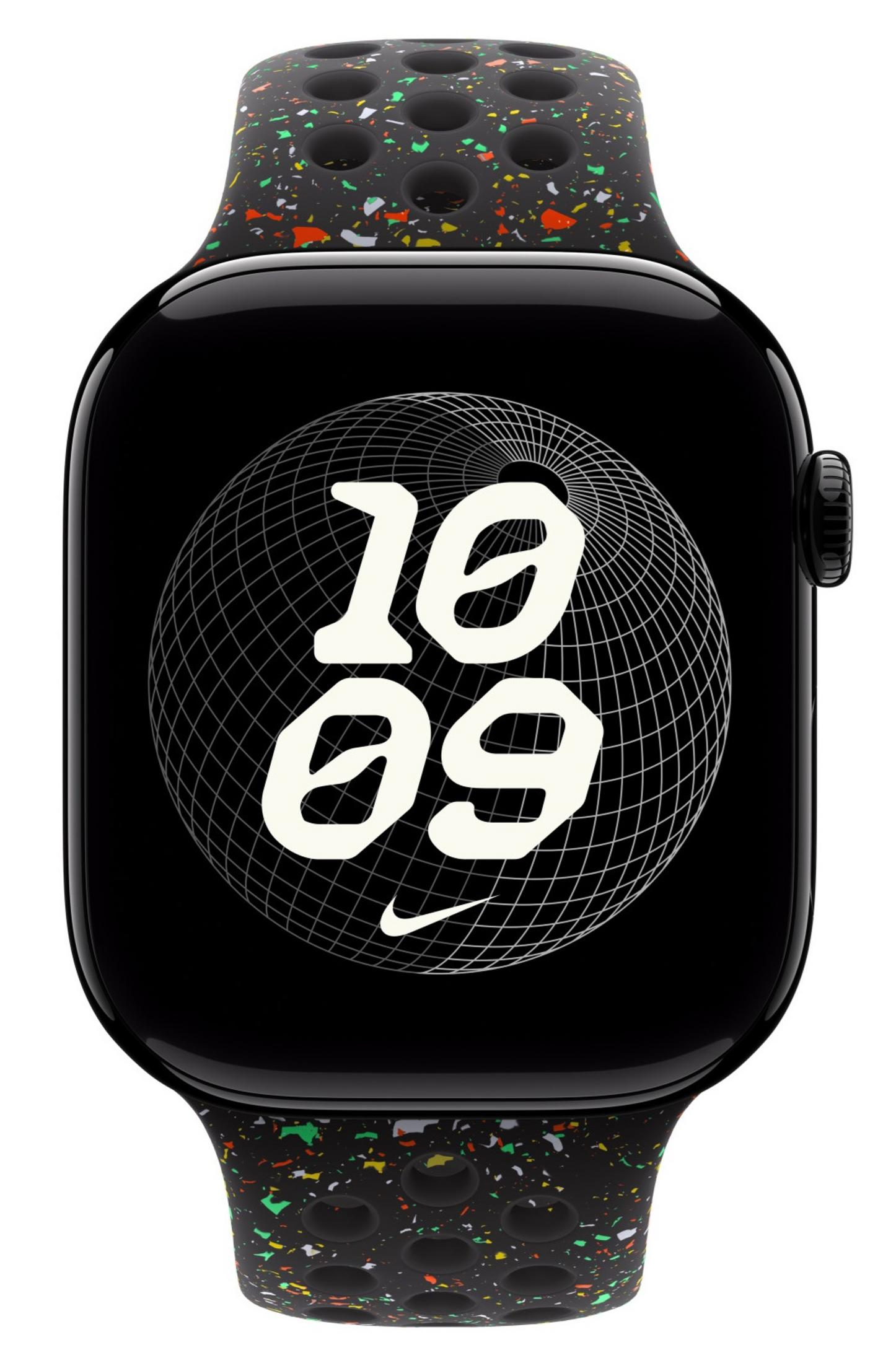 Czarny Apple Watch w nakrapianym pasku, pokazuje 10:09.
