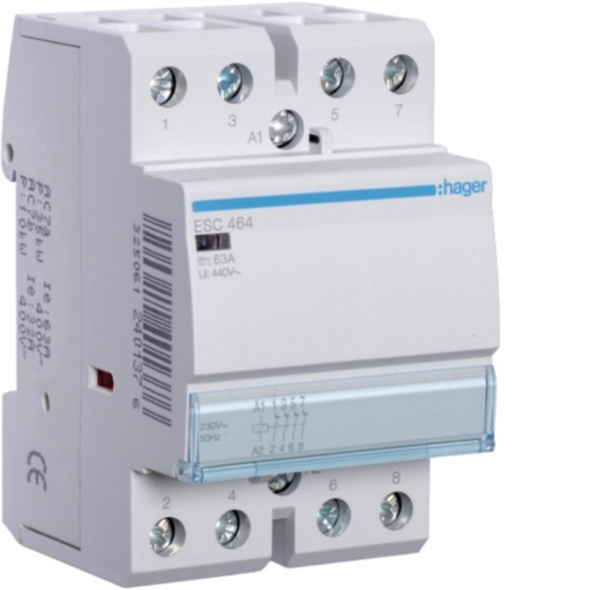 Contattore elettrico Hager ESC 464 con morsetti 1-8 e A1, A2. Marchio CE visibile.