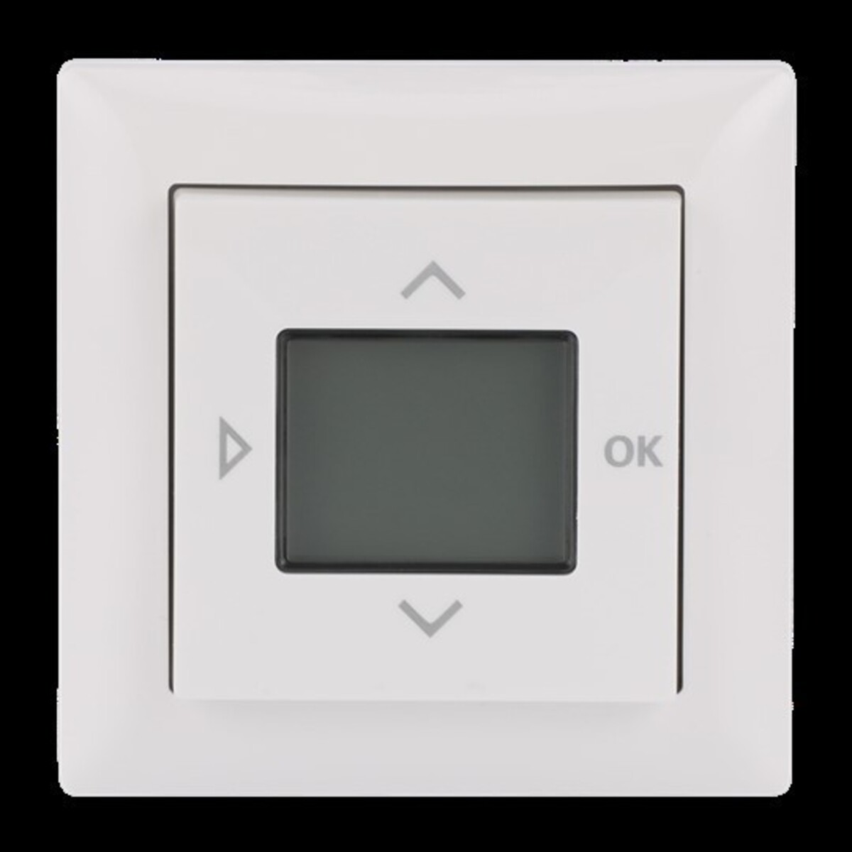 Un termostato bianco con schermo scuro e pulsanti freccia. Testo OK visibile.