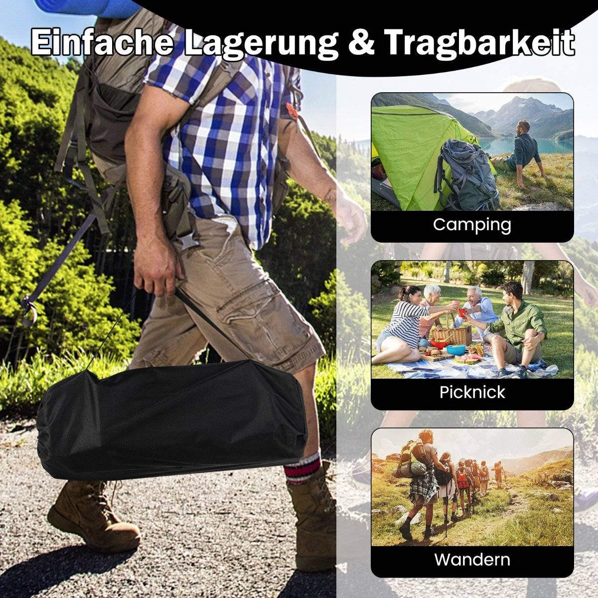 Hombre con mochila lleva bolsa negra. Incluye camping, picnic y senderismo.