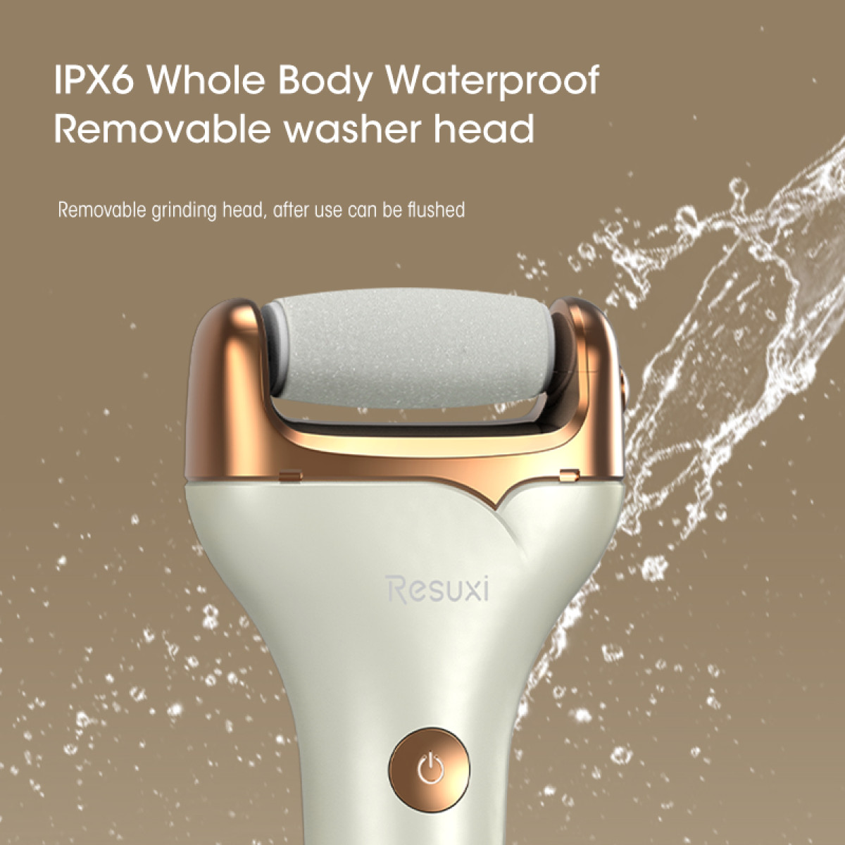 Weißer und goldener Hornhautentferner mit Wasserspritzern, IPX6 wasserdicht.