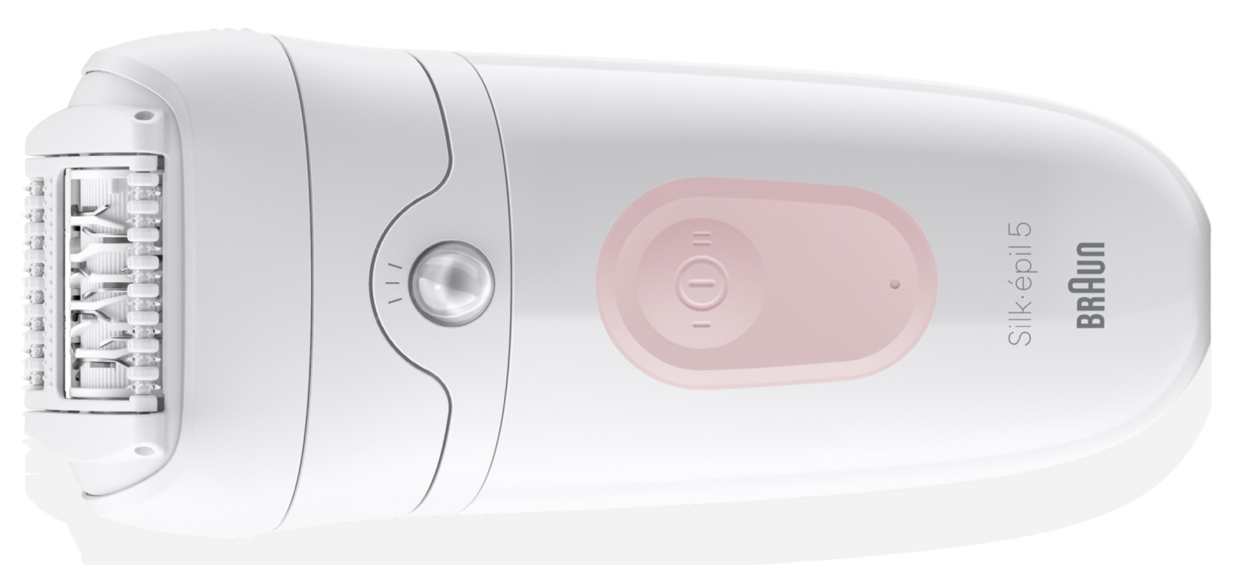 Biała depilator Braun z różowym przyciskiem i srebrnym światłem. Zbliżenie produktu.