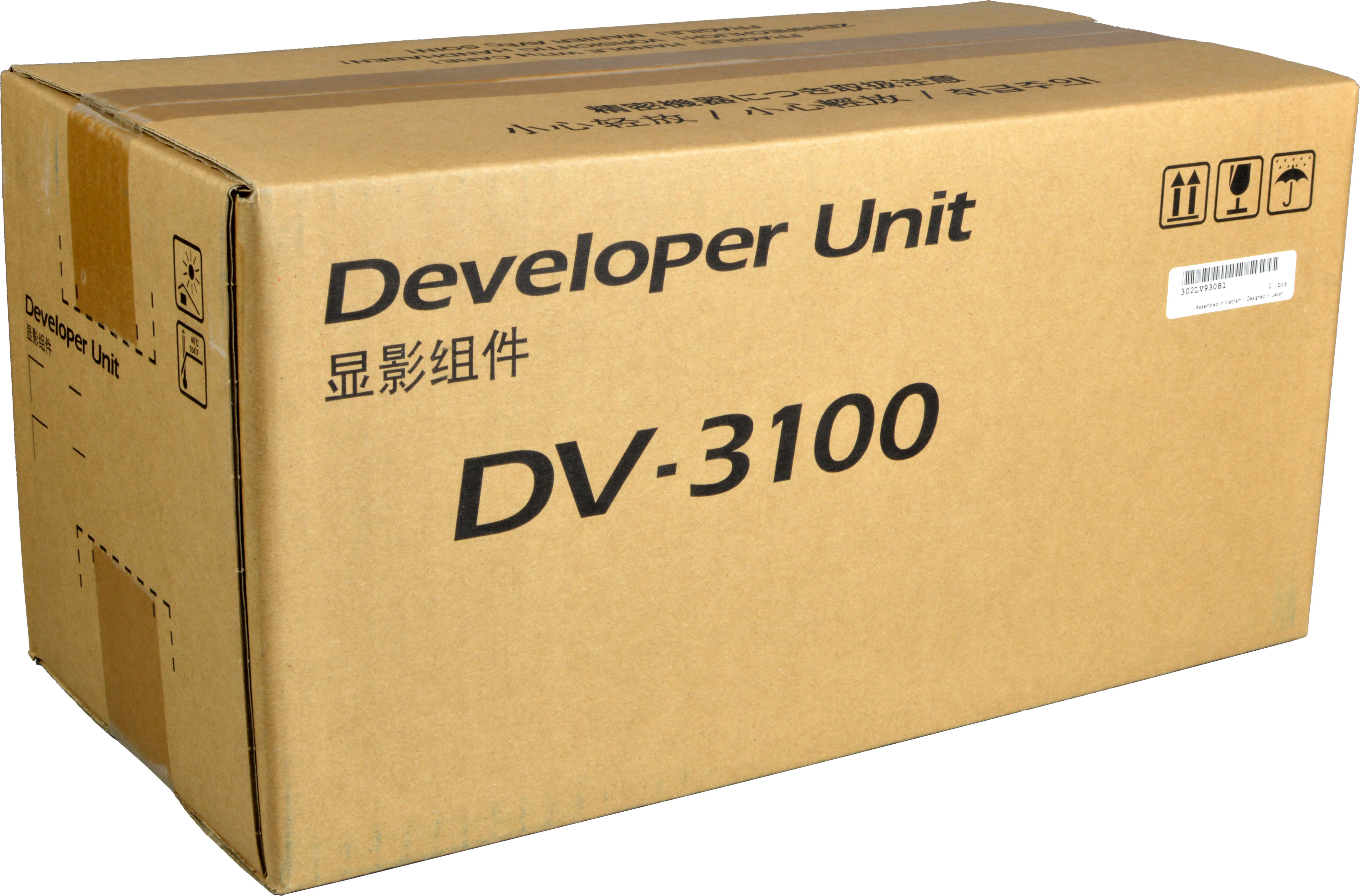 Scatola di cartone marrone con stampa 'Developer Unit DV-3100'.