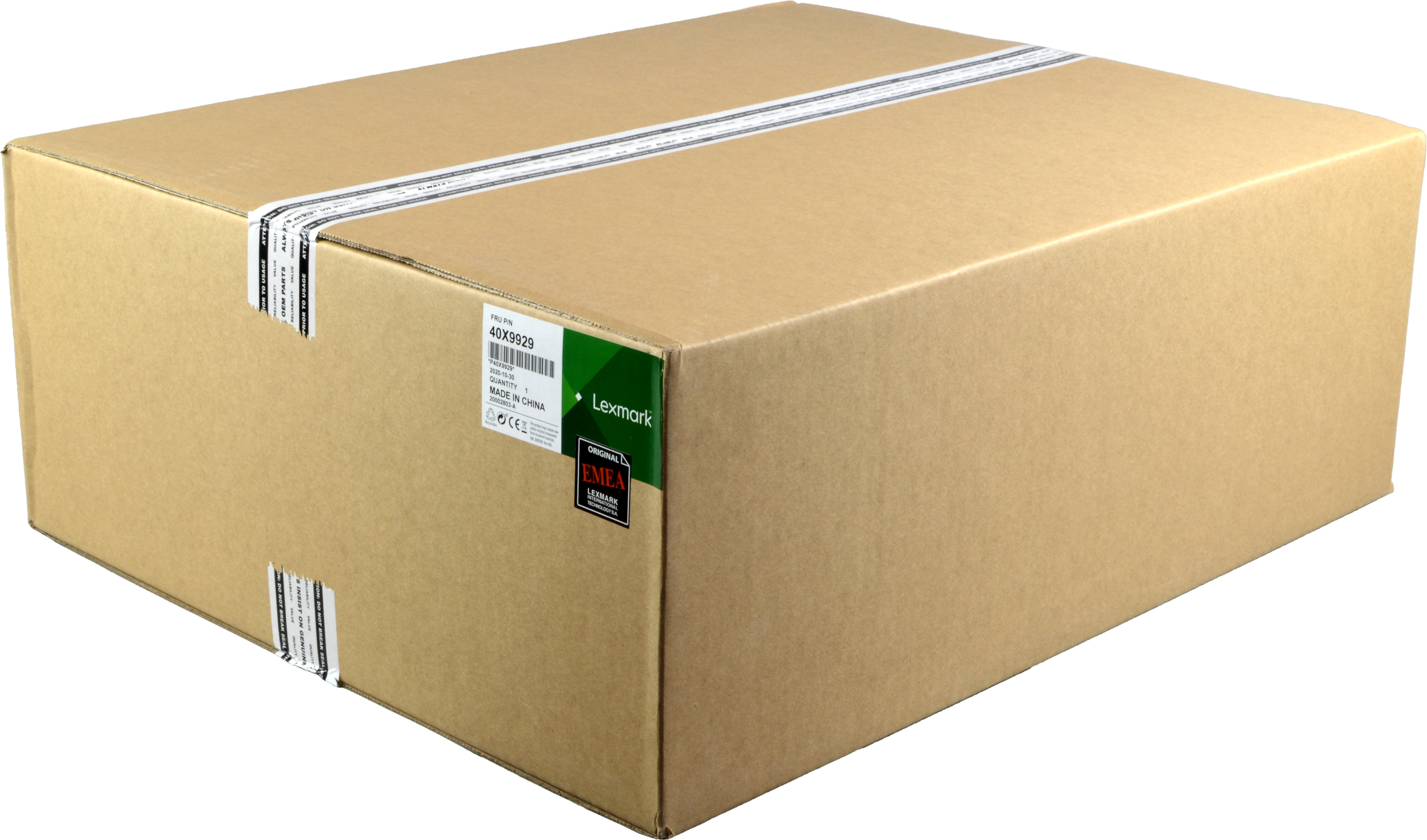 Una scatola di cartone chiusa con marchio Lexmark e etichetta di spedizione. Sigillata con nastro.