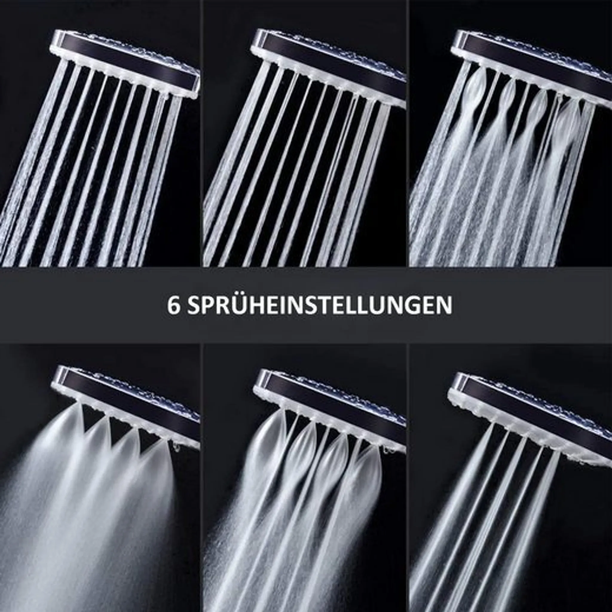 Sechs Sprüheinstellungen an einem Duschkopf gezeigt, Wasser sprüht in verschiedenen Mustern.