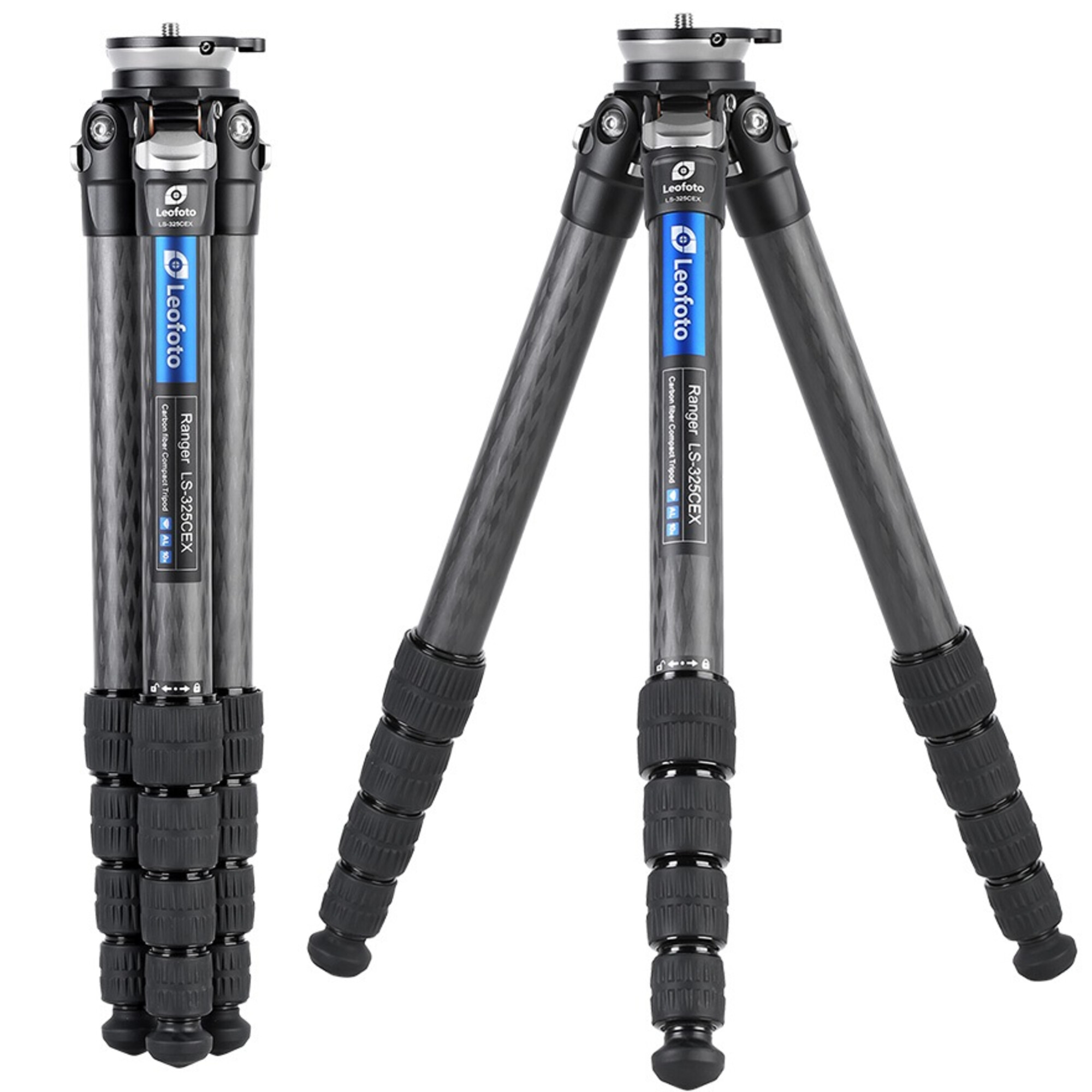 Zwei Leofoto Ranger LS-325CEX Carbonfaser-Stative, eines geschlossen, eines geöffnet.
