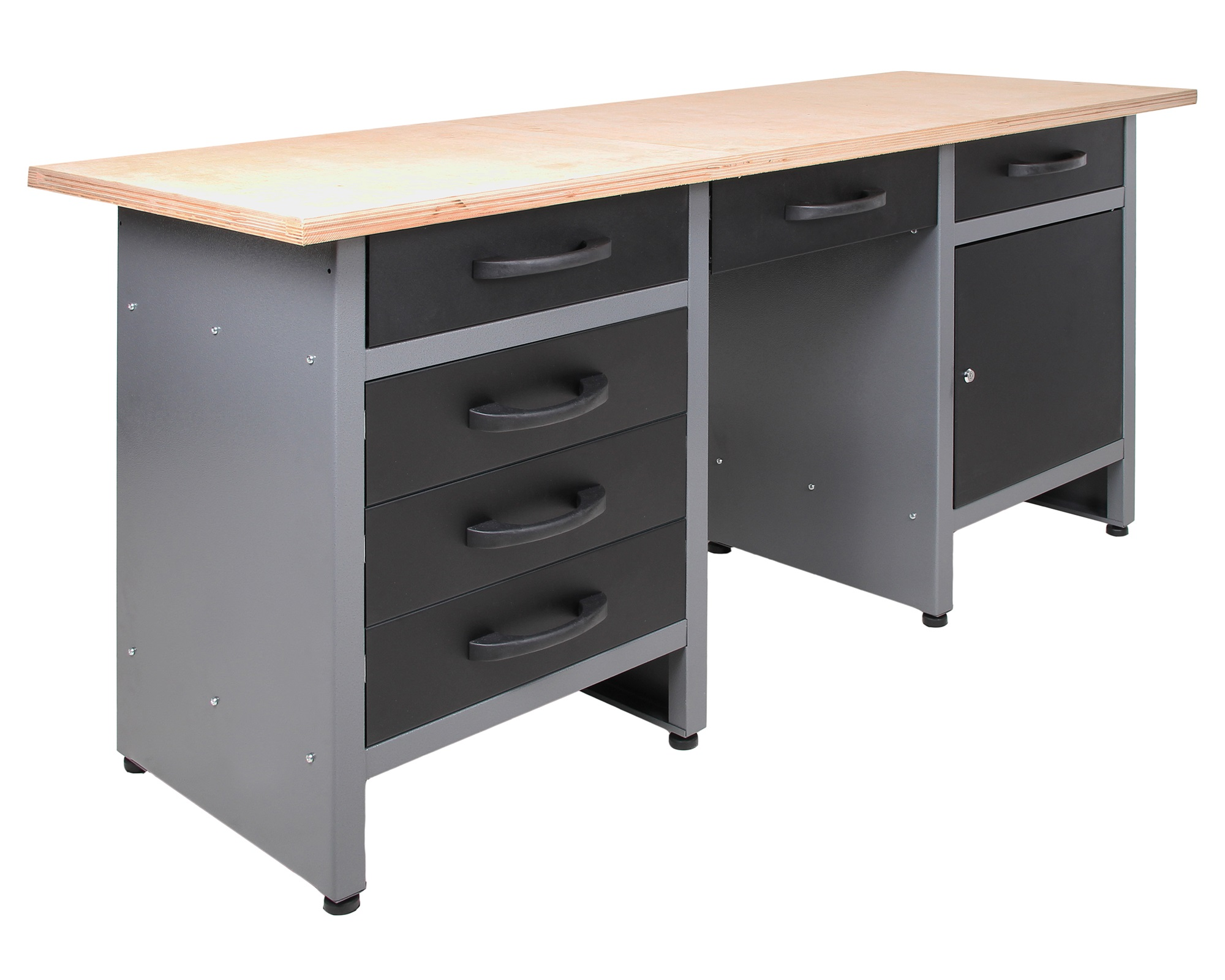 Grauer Werkstattschrank mit Holzplatte, mehreren Schubladen und einer Tür.