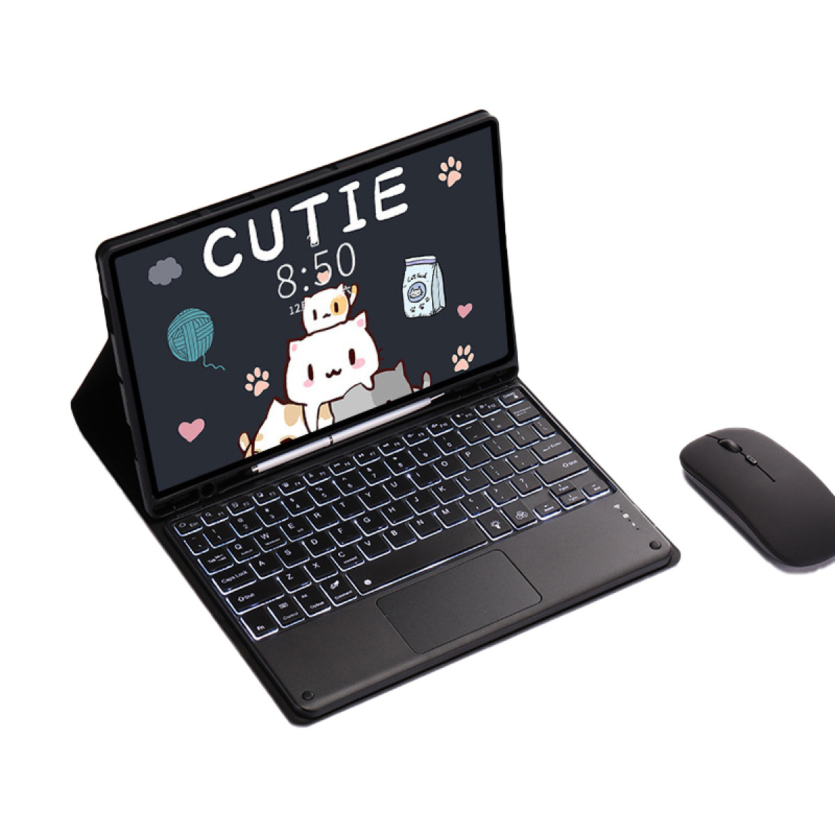 Czarny tablet z uroczym wzorem kota na ekranie i myszką.