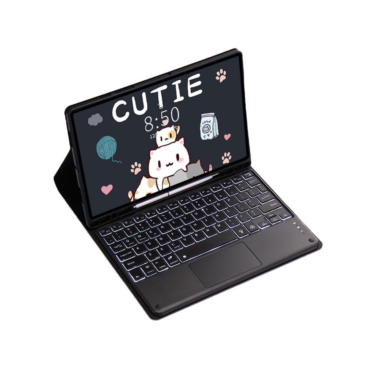 Czarny tablet z etui klawiaturowym wyświetla uroczą ilustrację kota i tekst 'CUTIE' na ekranie.