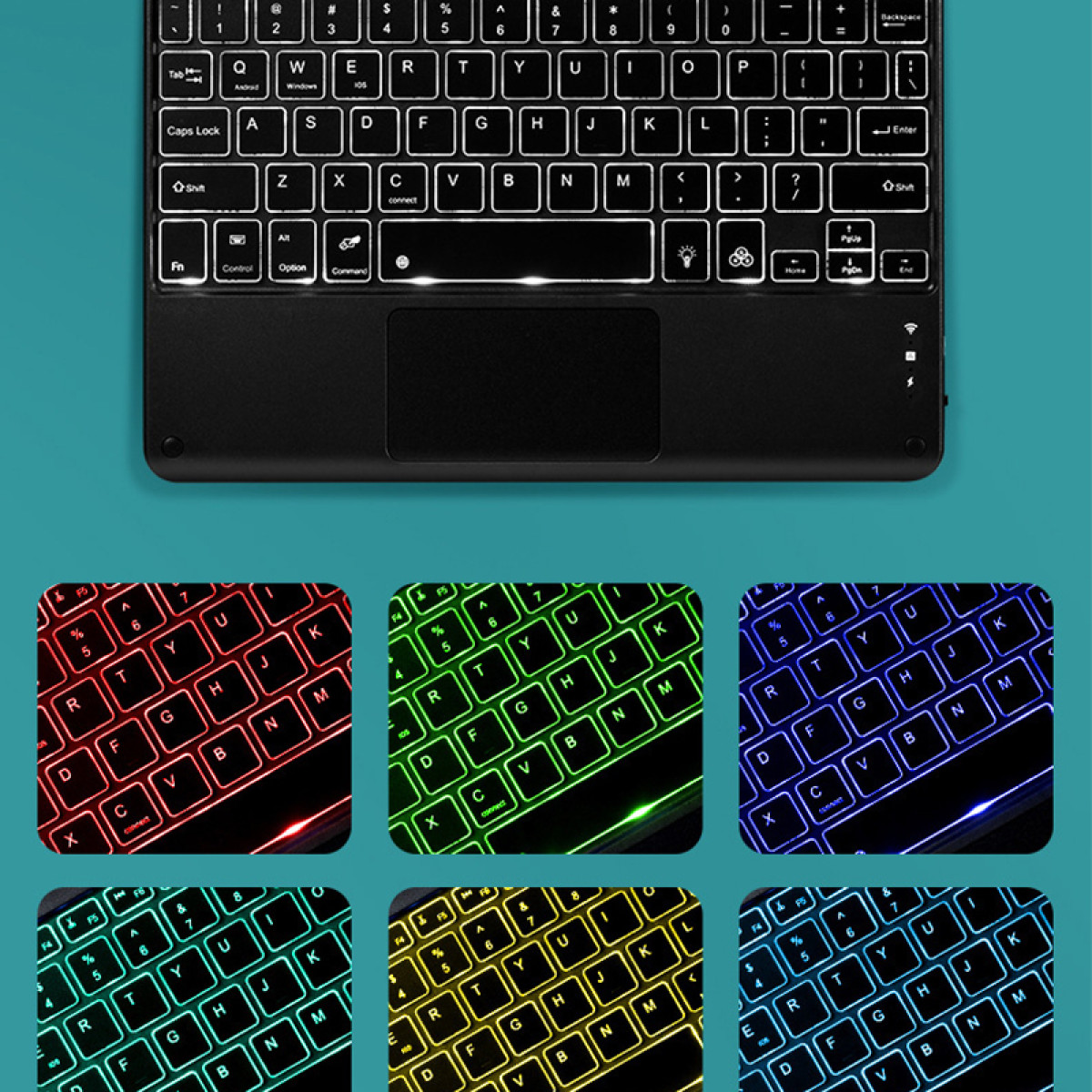 Czarna klawiatura z gładzikiem i podświetlanymi klawiszami w kolorach czerwonym, zielonym, niebieskim, cyjan, żółtym i białym.