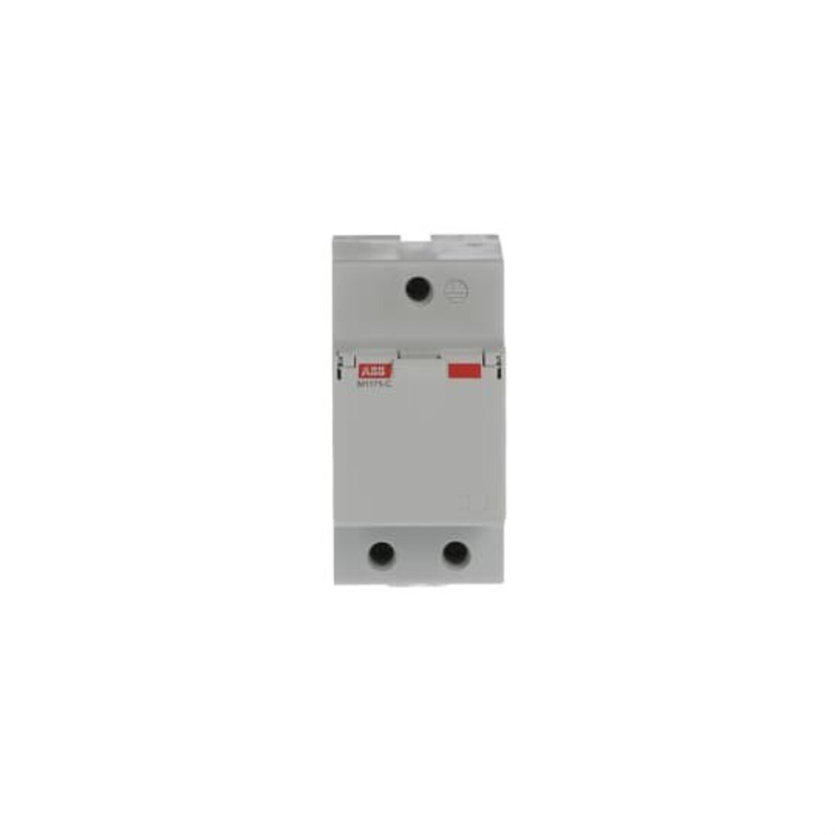 Un interruttore automatico ABB bianco con accenti rossi e neri su sfondo bianco.