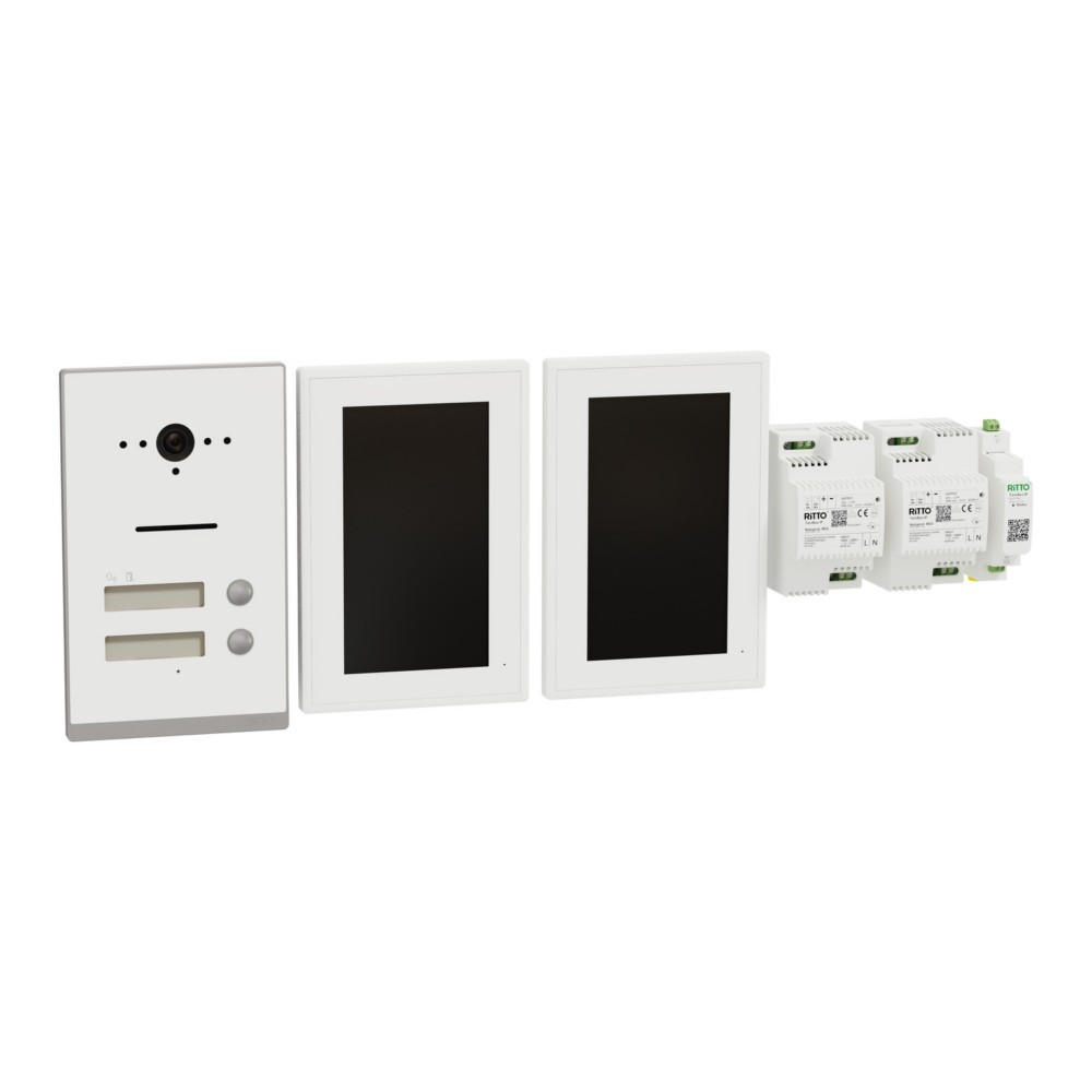 Un set videocitofono bianco con telecamera esterna, due monitor interni e alimentatori.