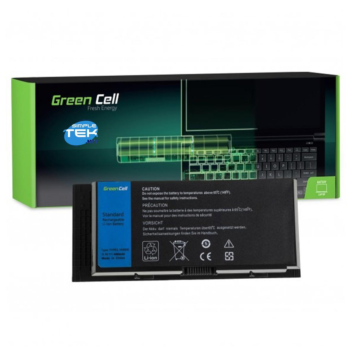 Batteria per laptop e confezione. La batteria è nera con etichette.