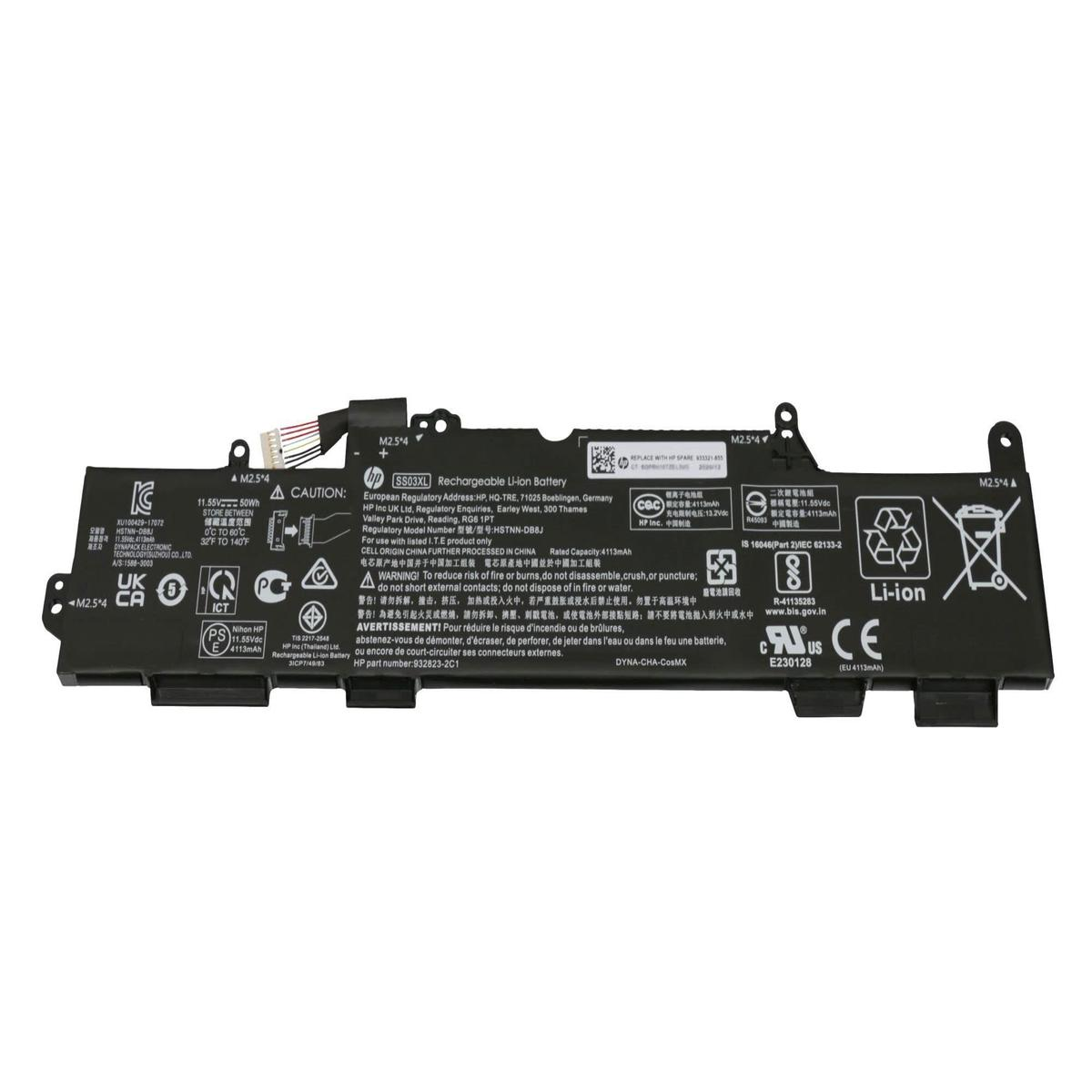 Una batteria per laptop HP con etichette e avvisi. È una batteria Li-ion.