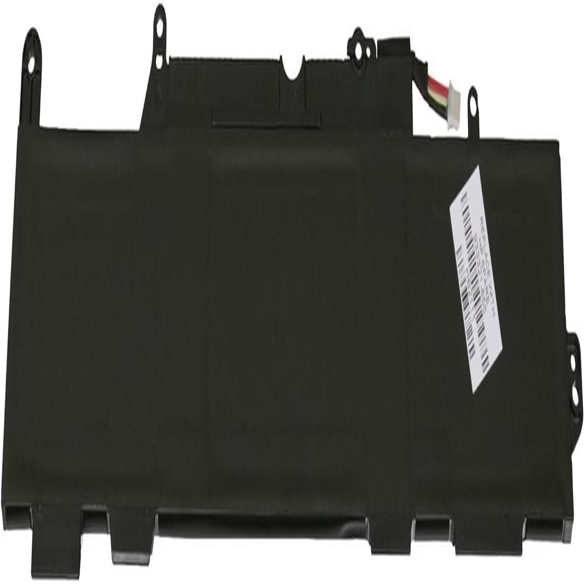 Una batteria nera per laptop con etichetta bianca e connettore a filo multicolore.