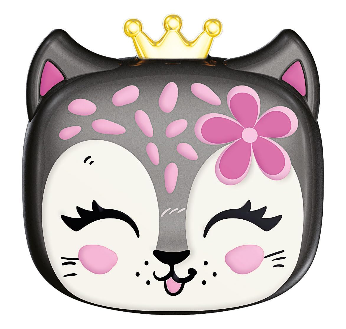 Un gatto grigio dei cartoni animati con accenti rosa indossa una corona d'oro e un fiore. Ha gli occhi chiusi.