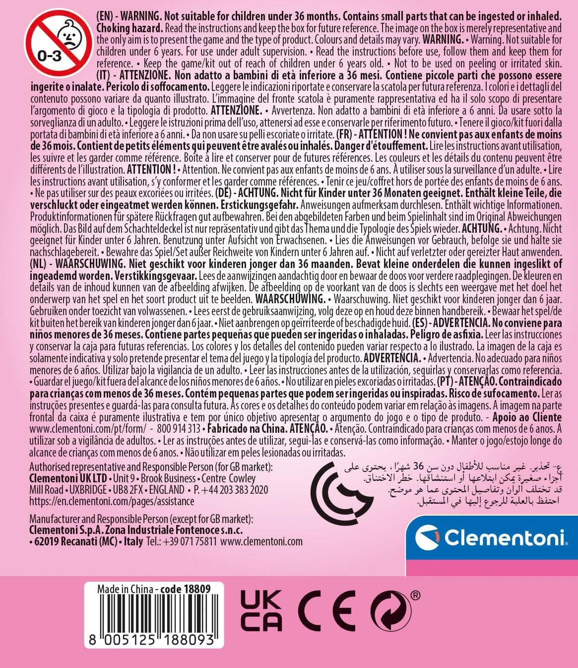 Avvertenza per piccole parti, non per bambini sotto i 36 mesi. Con contatti.