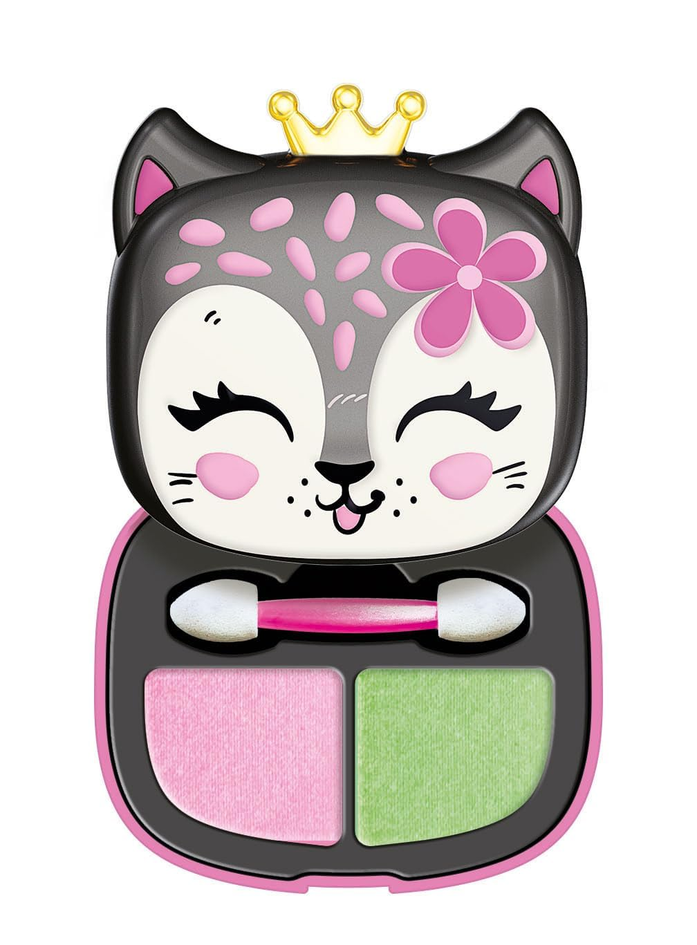 Palette trucco a forma di gatto con ombretti rosa e verdi e applicatore rosa.