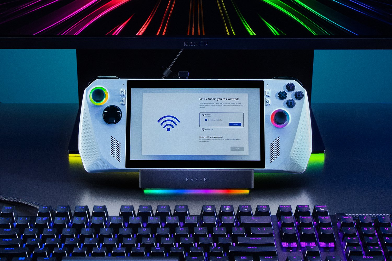 Un dispositivo da gioco portatile bianco con schermo di configurazione di rete su supporto Razer.
