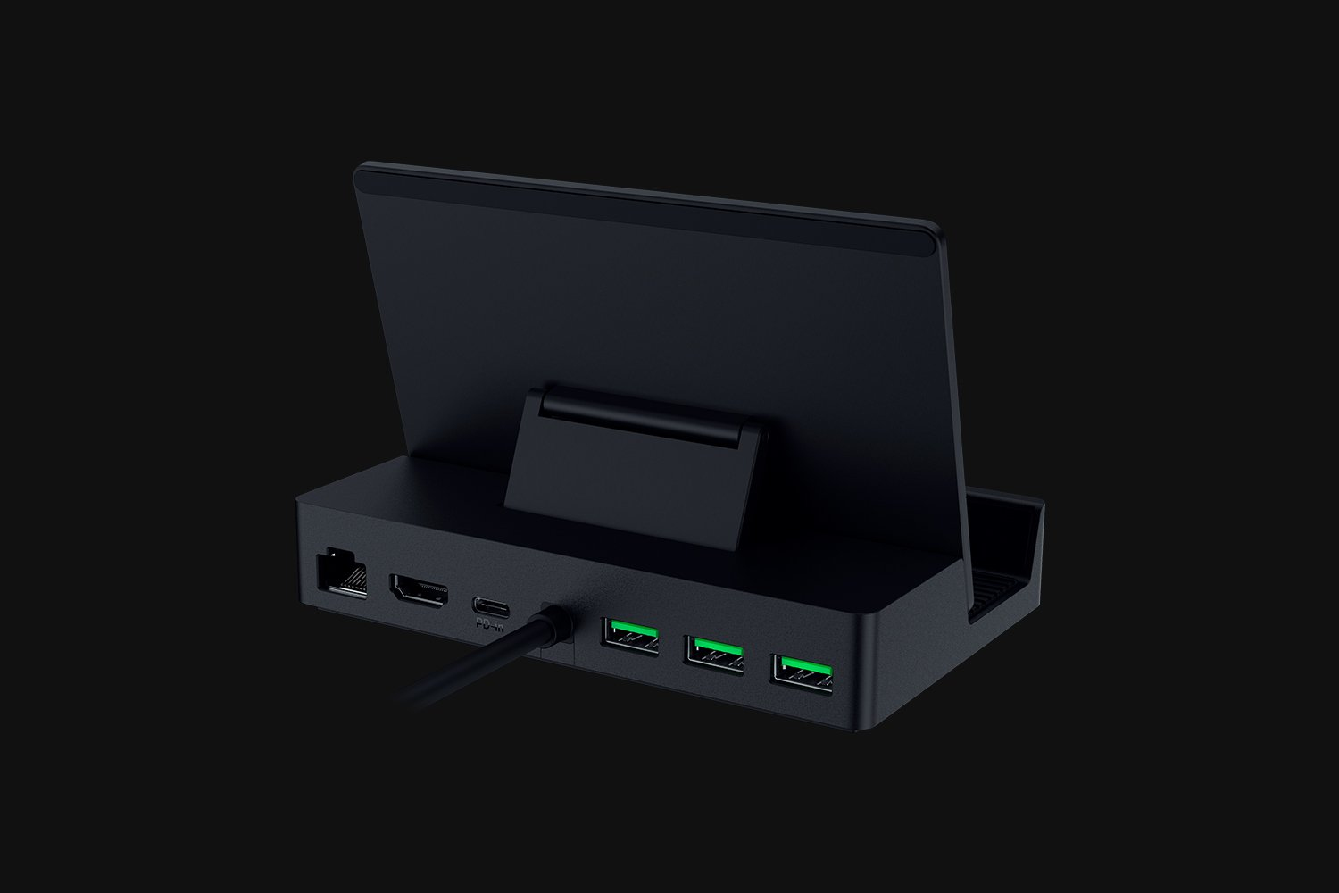 Supporto di ricarica nero con porta di ricarica, HDMI, USB-C e tre porte USB-A con LED verdi.