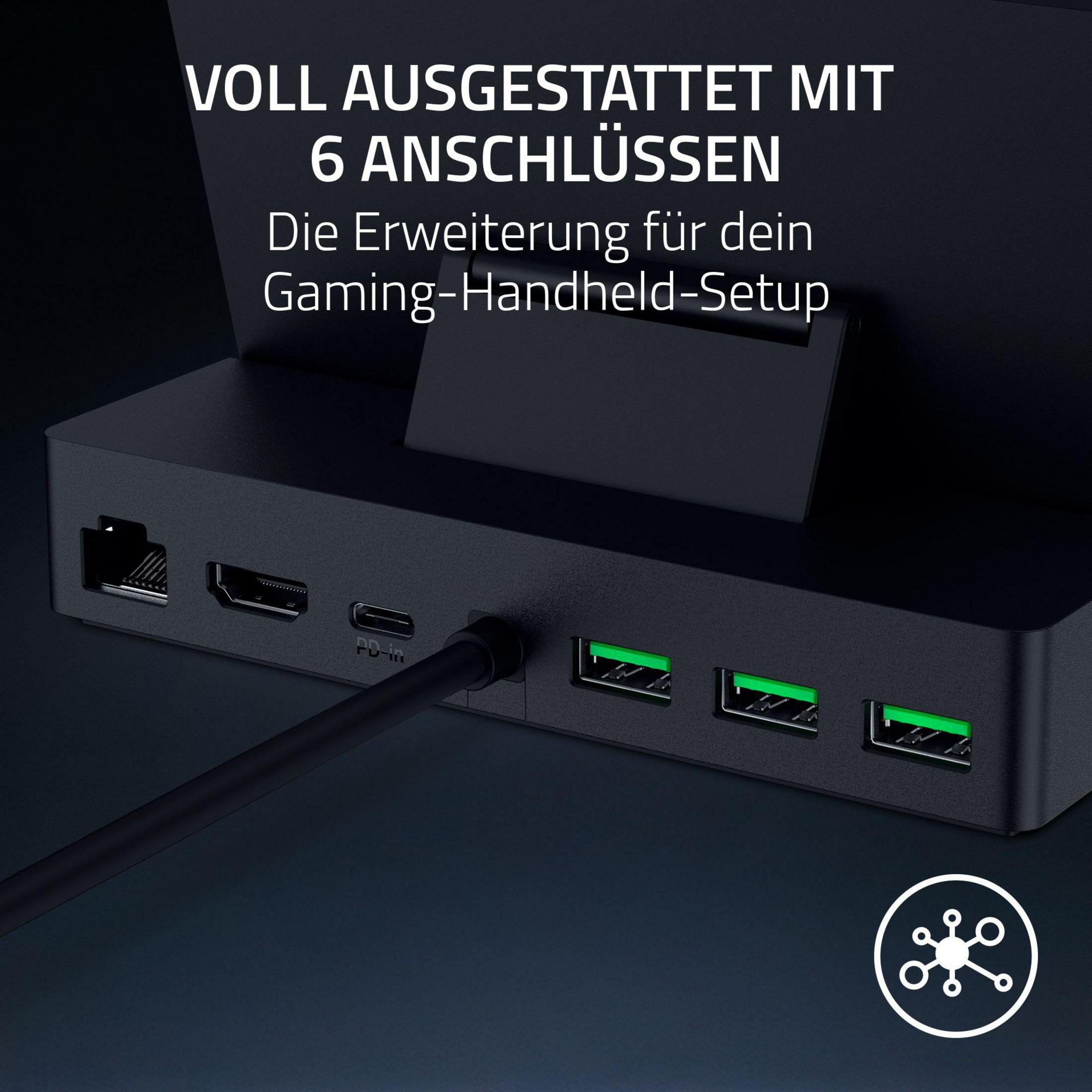 Dock nero con 6 porte: Ethernet, HDMI, USB-C PD e tre USB-A verdi.