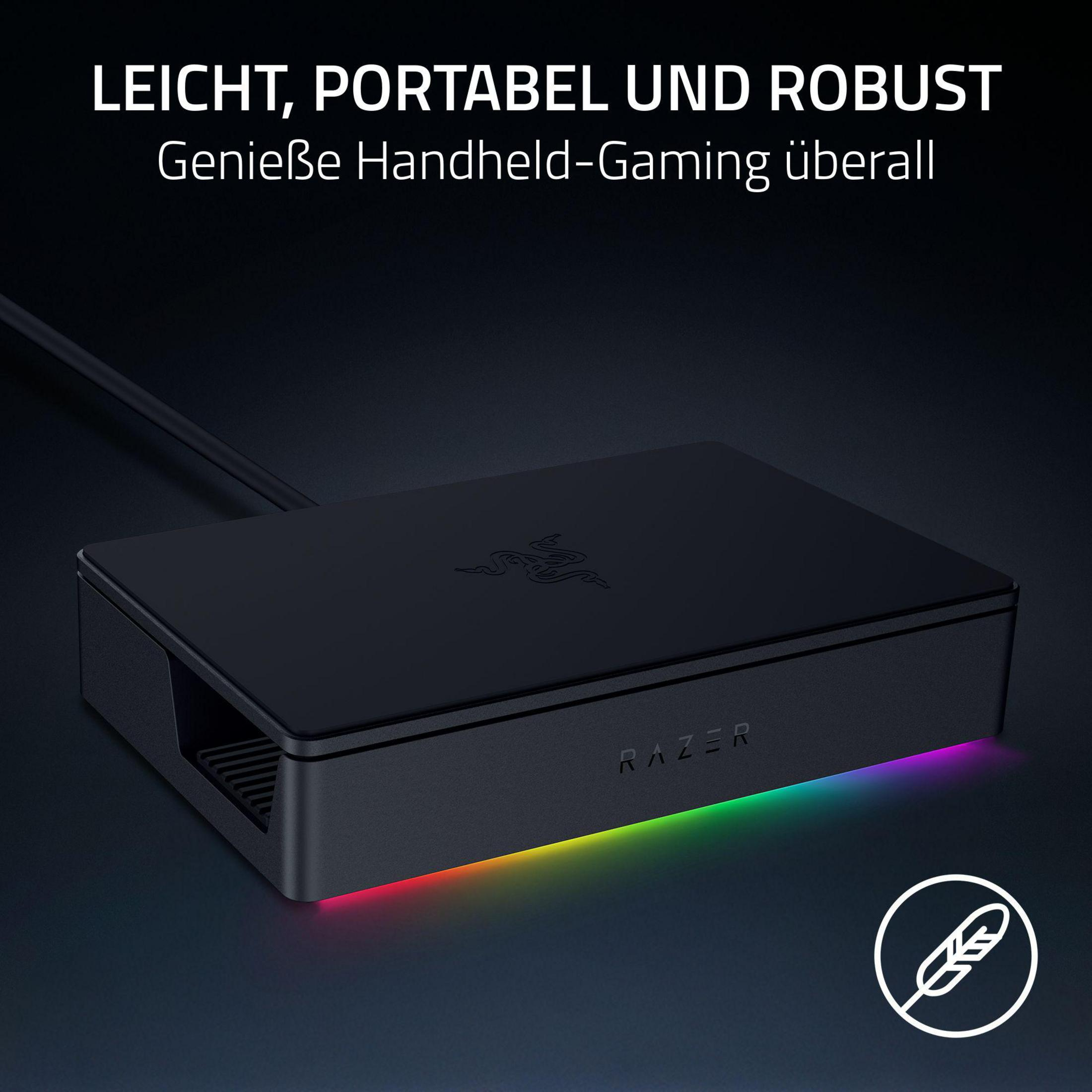 Dispositivo Razer nero con illuminazione RGB e icona piuma.