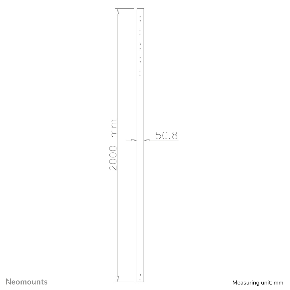 Technische tekening van een 2000 mm lange, 50,8 mm brede stang met gaten.
