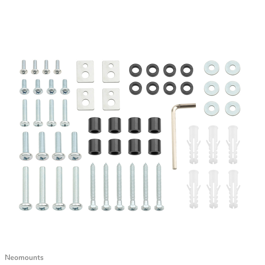 Assortiment schroeven, bouten, ringen, afstandhouders, pluggen en inbussleutel.