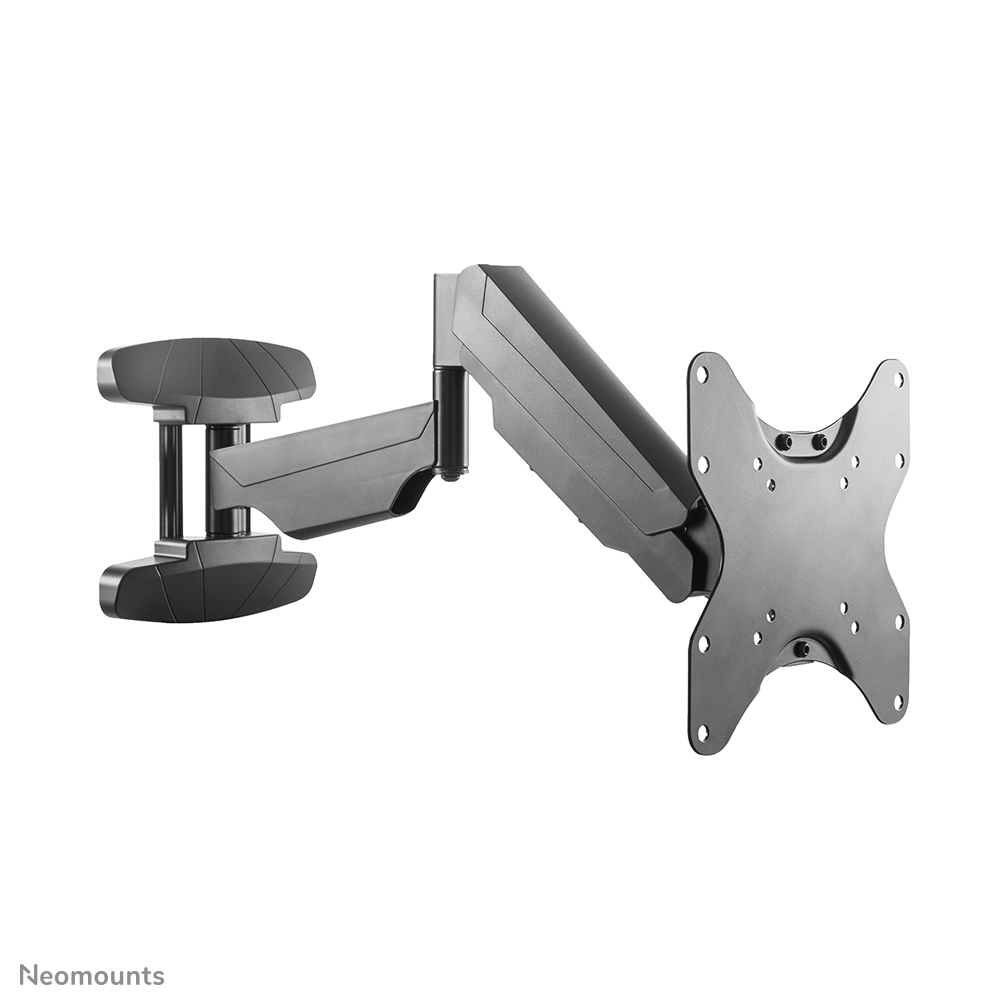 Un bras de moniteur noir réglable avec support VESA est montré sur fond blanc.