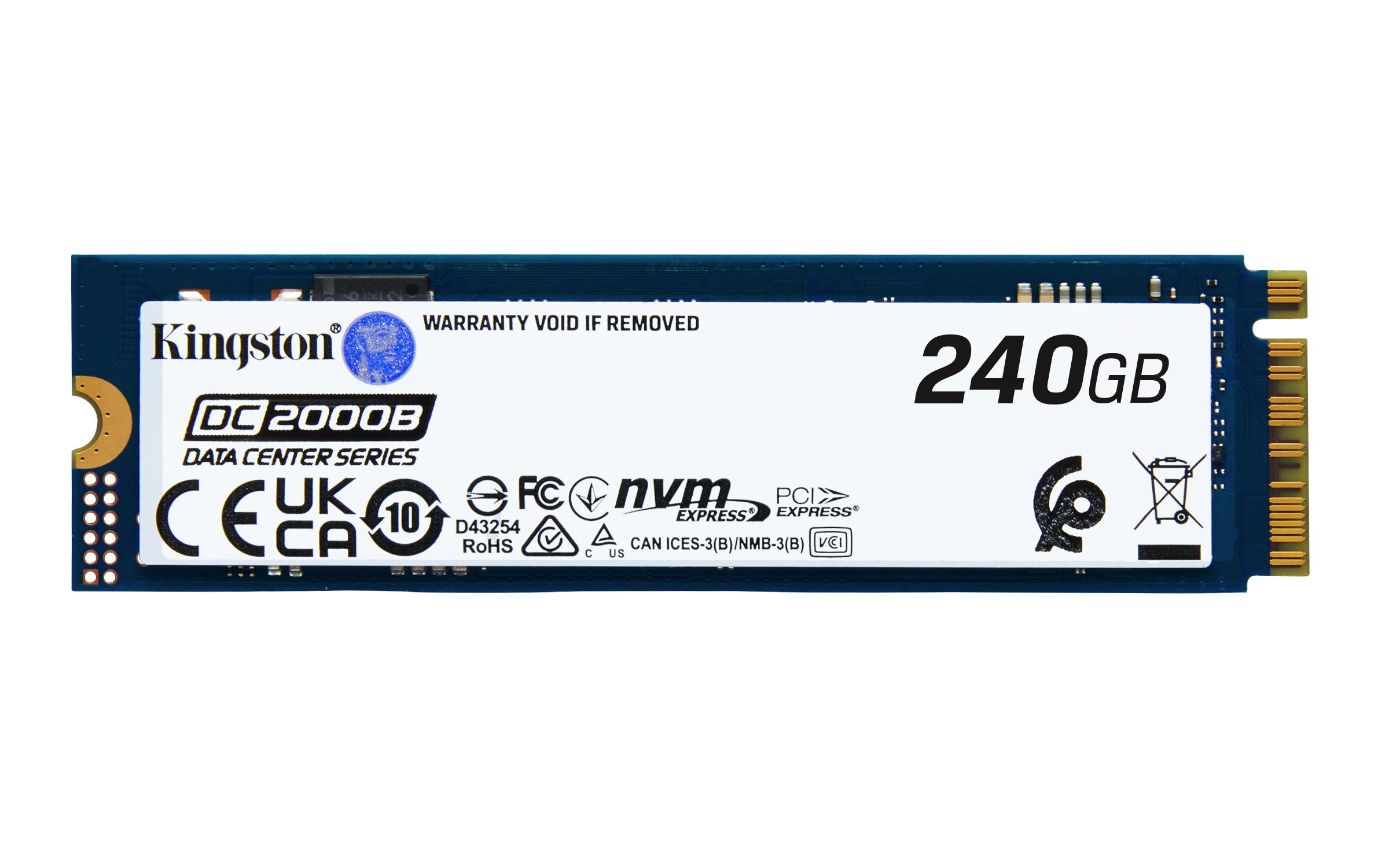 Kingston DC2000B 240GB NVMe SSD met CE, UKCA, RoHS en FCC certificeringen.