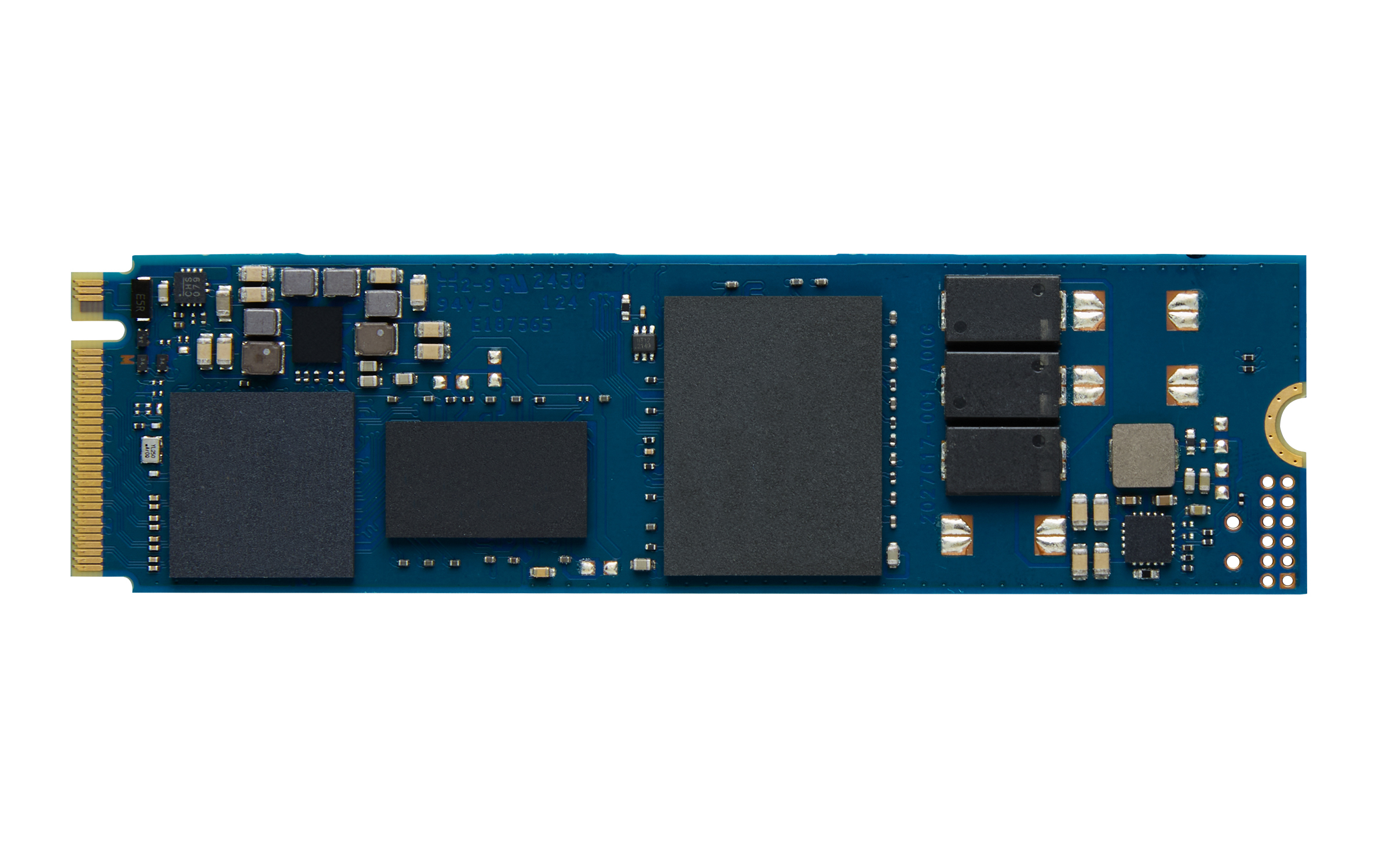 Een blauwe printplaat met zwarte chips, gouden connectorpinnen en kleine zilveren componenten.