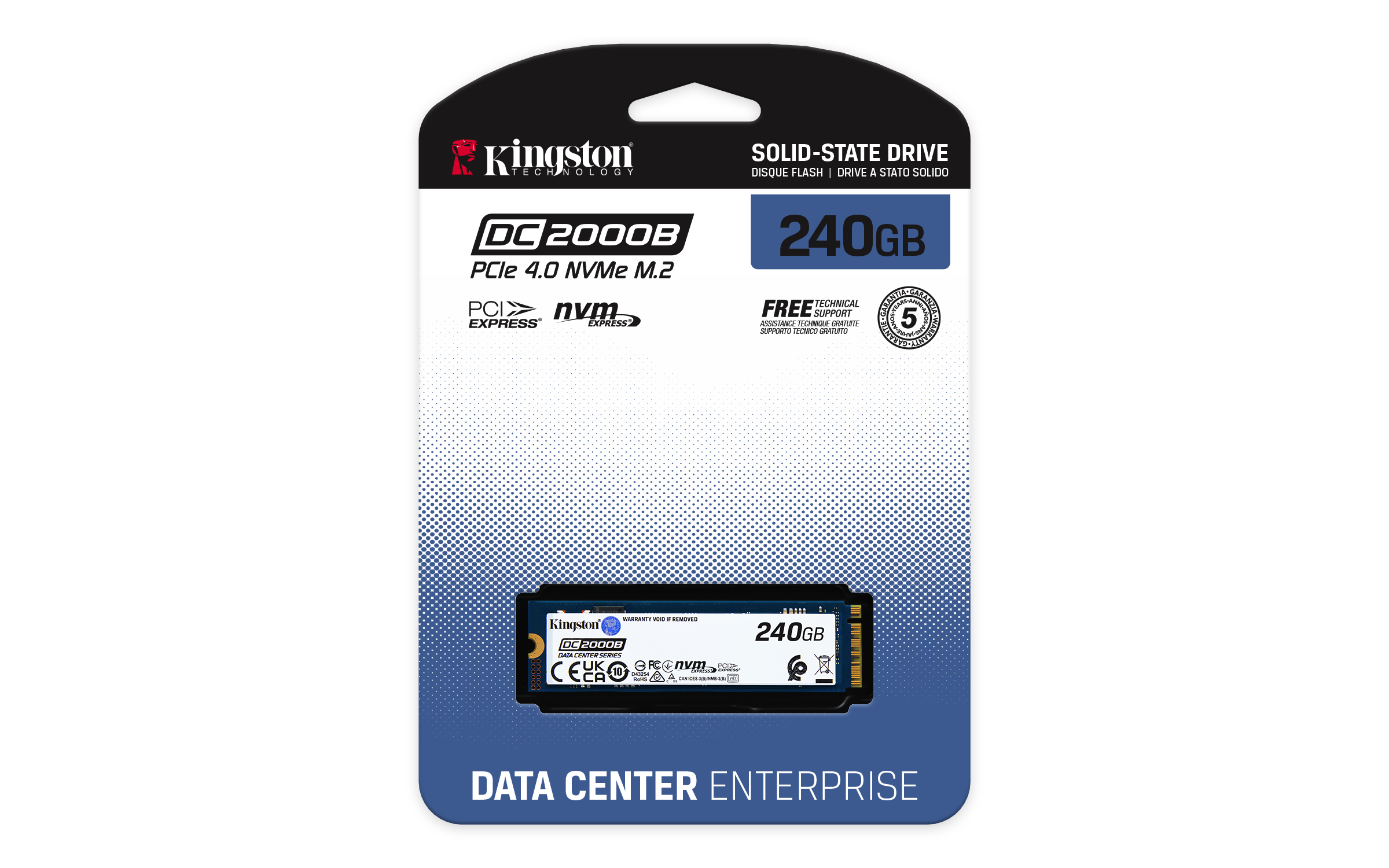 Kingston DC2000B 240GB M.2 NVMe SSD in verpakking met technische details.
