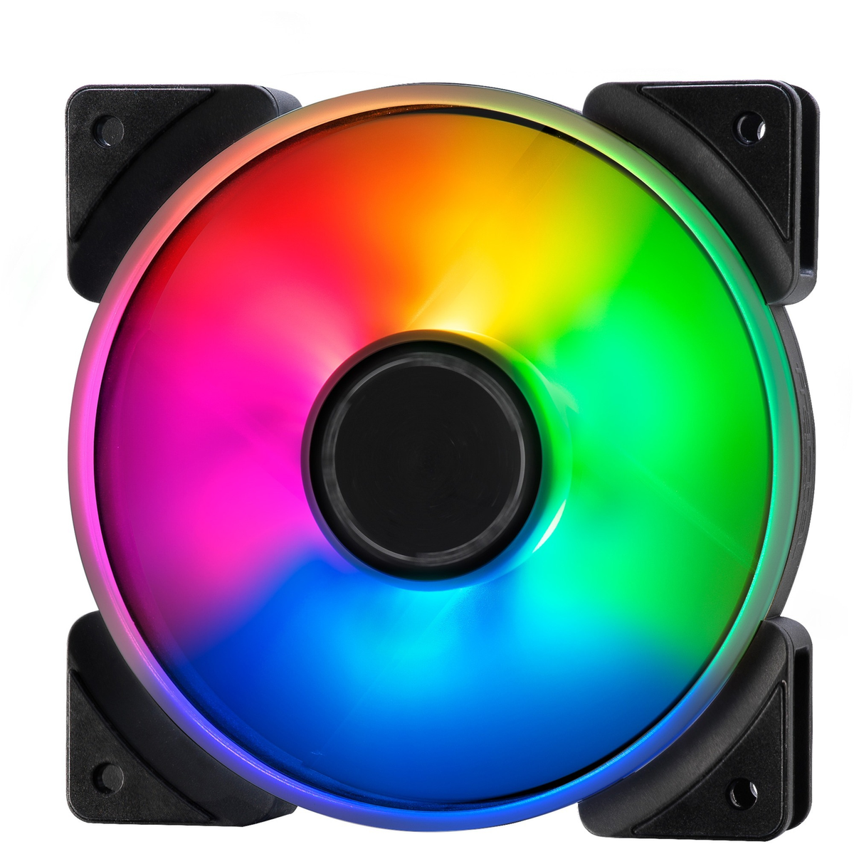 Una ventola del computer nera con luci RGB colorate su sfondo bianco.