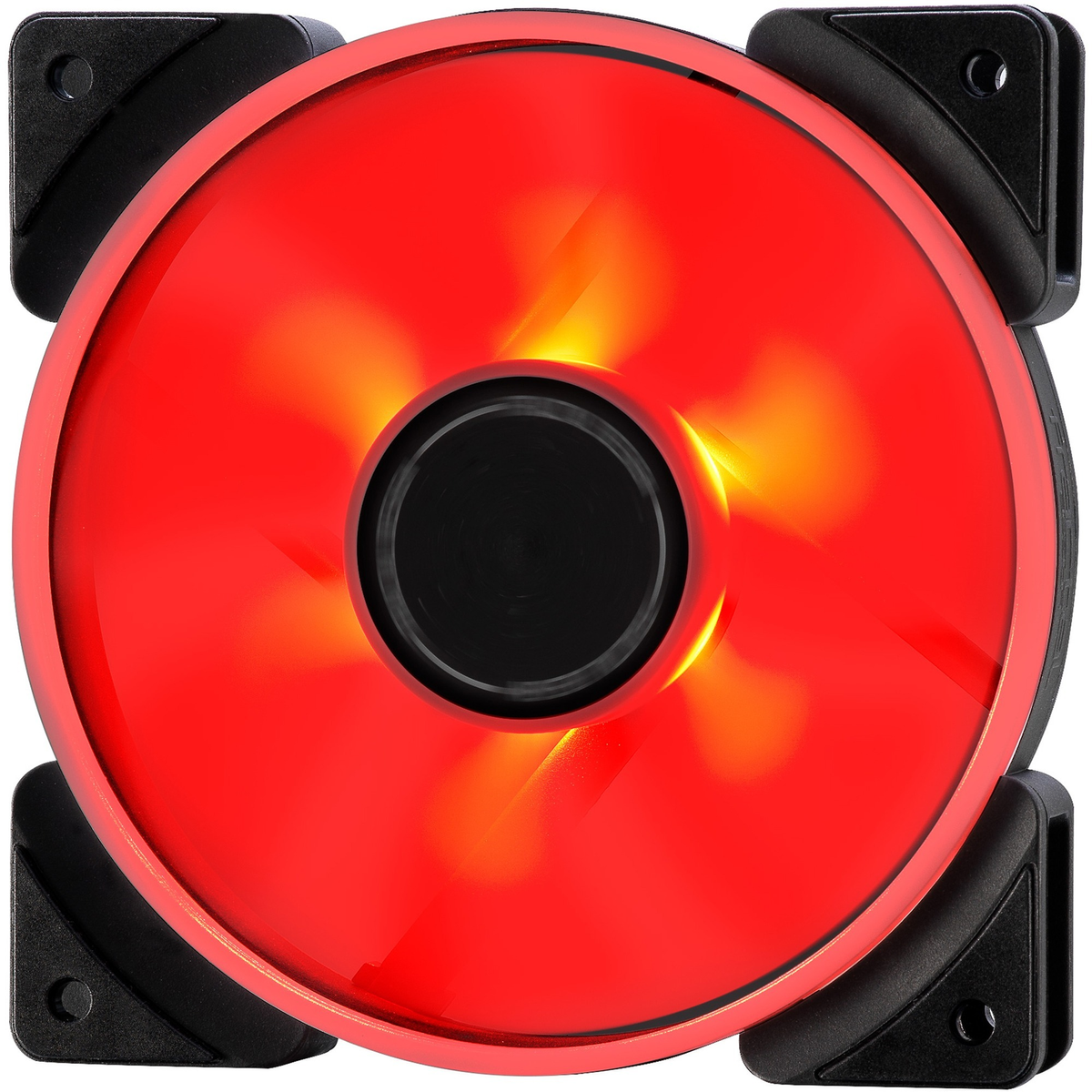 Una ventola per computer rossa con effetti di luce gialla e angoli neri.