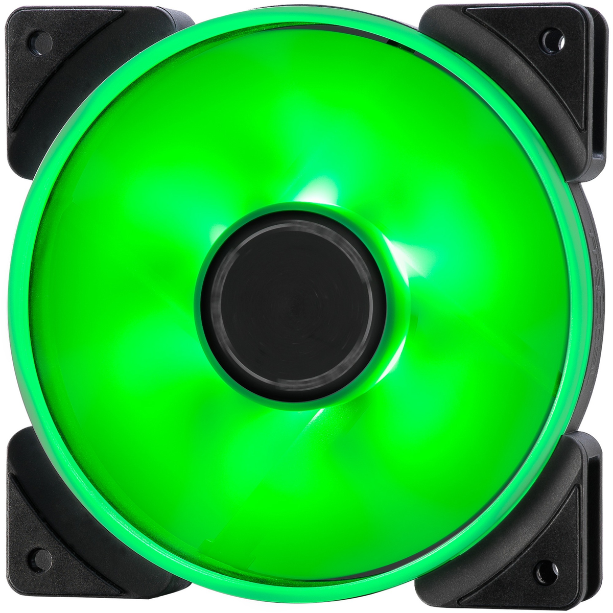 Una ventola per computer verde con angoli neri su sfondo bianco.
