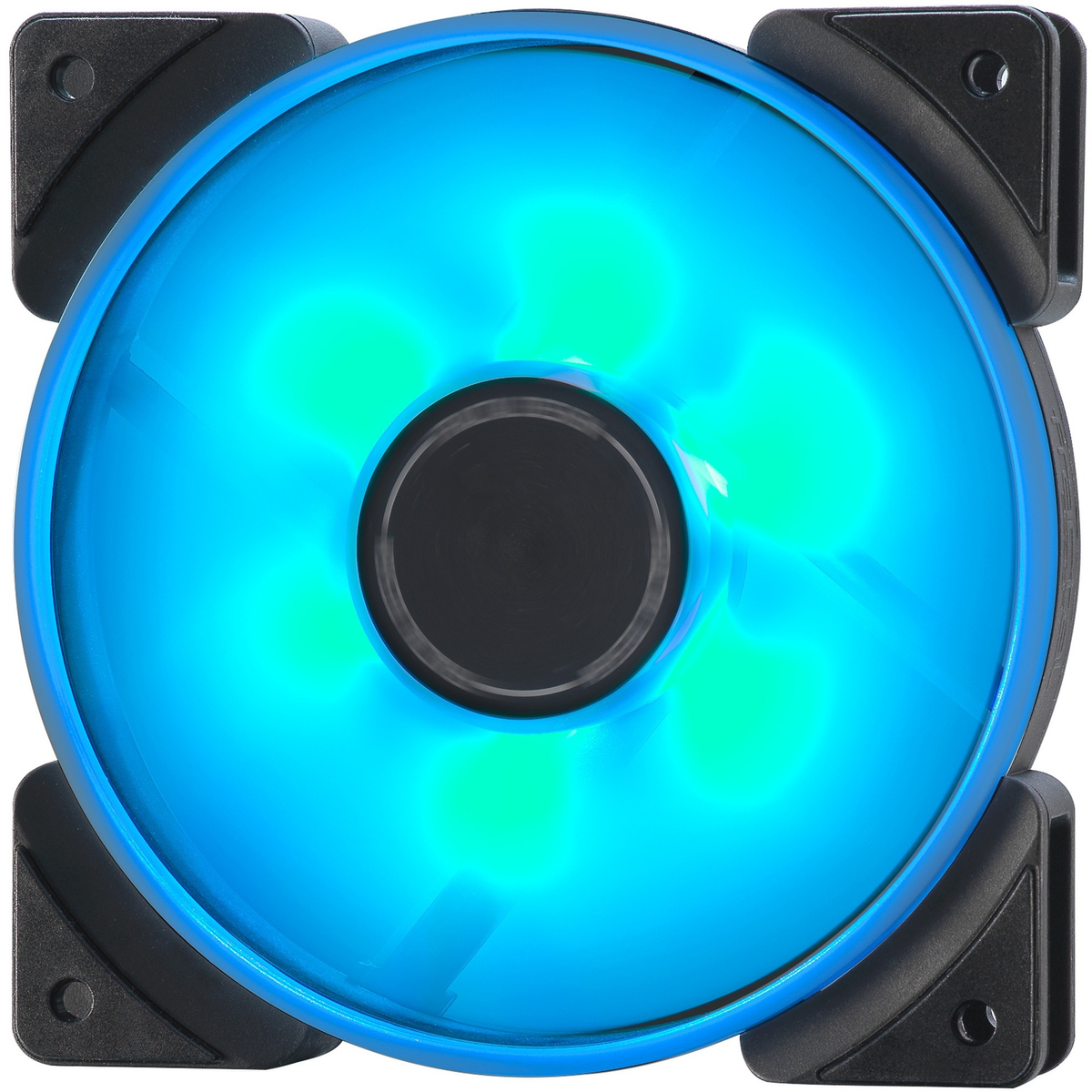 Una ventola per computer RGB blu e verde con angoli neri, vista da vicino.