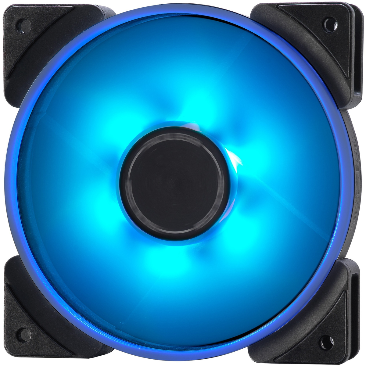 Una ventola del computer blu con angoli neri e mozzo centrale nero.