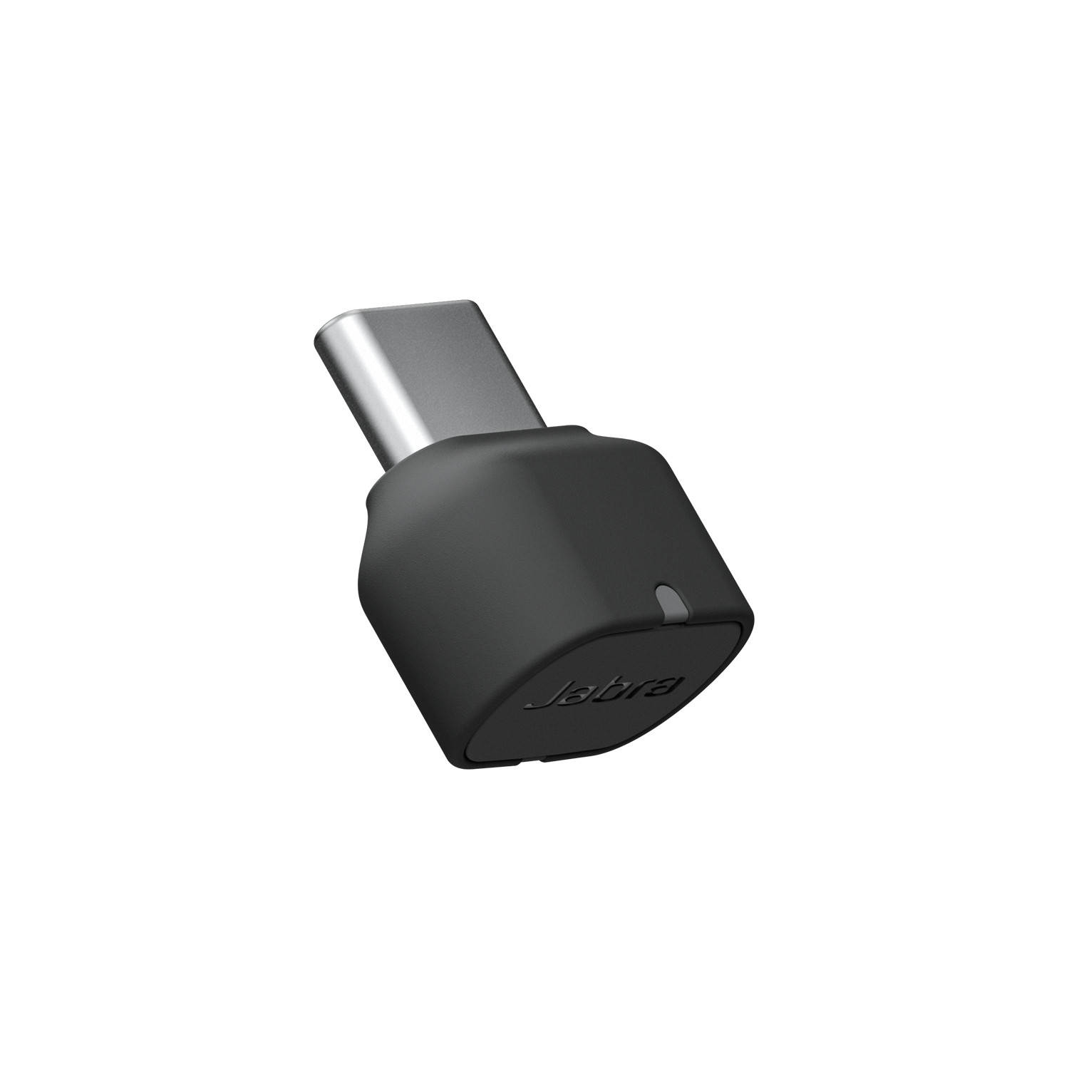 Un dongle Jabra USB-C nero con connettore argentato su sfondo bianco.