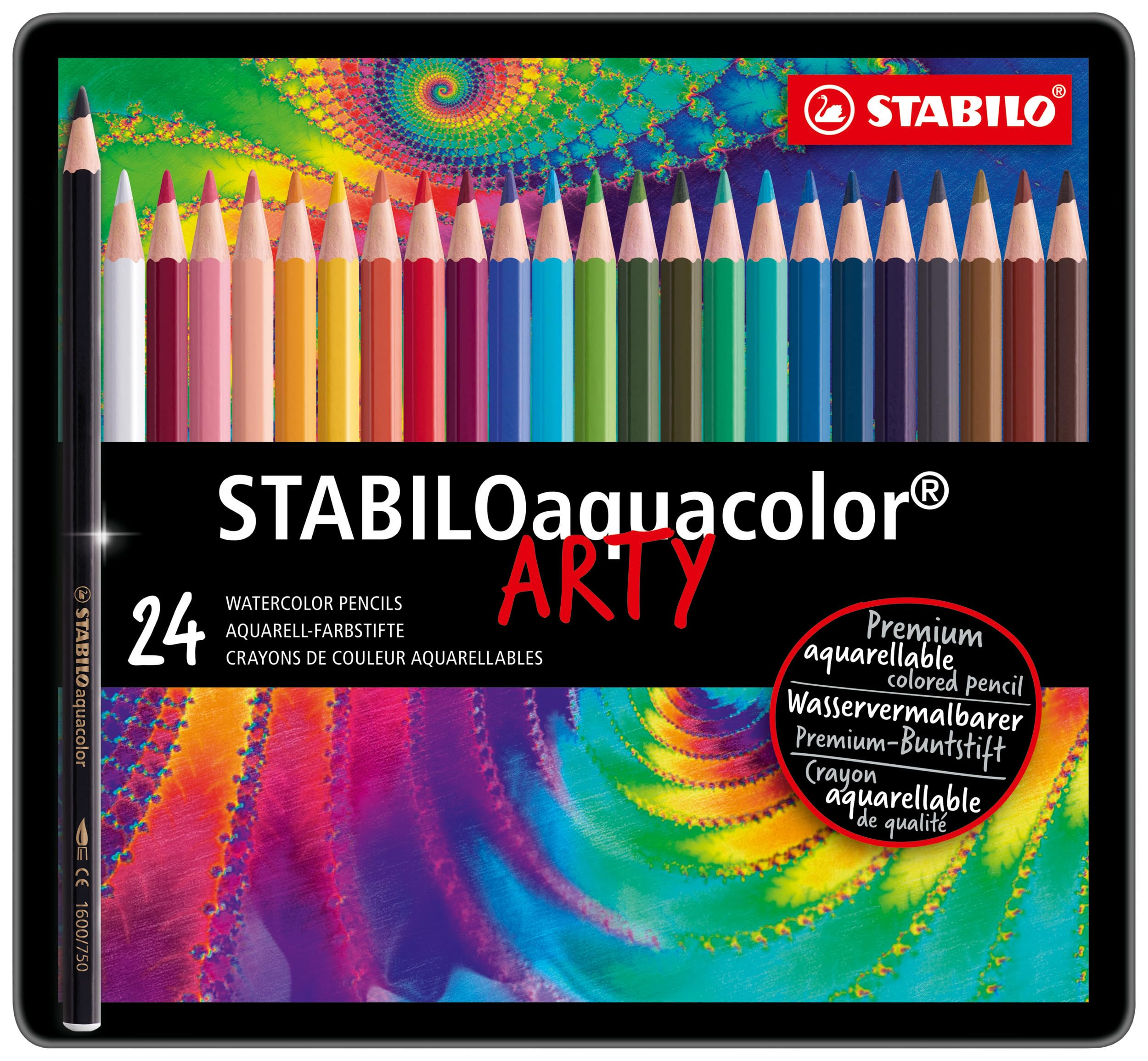 Confezione da 24 matite acquerellabili Stabilo in vari colori su sfondo vibrante.
